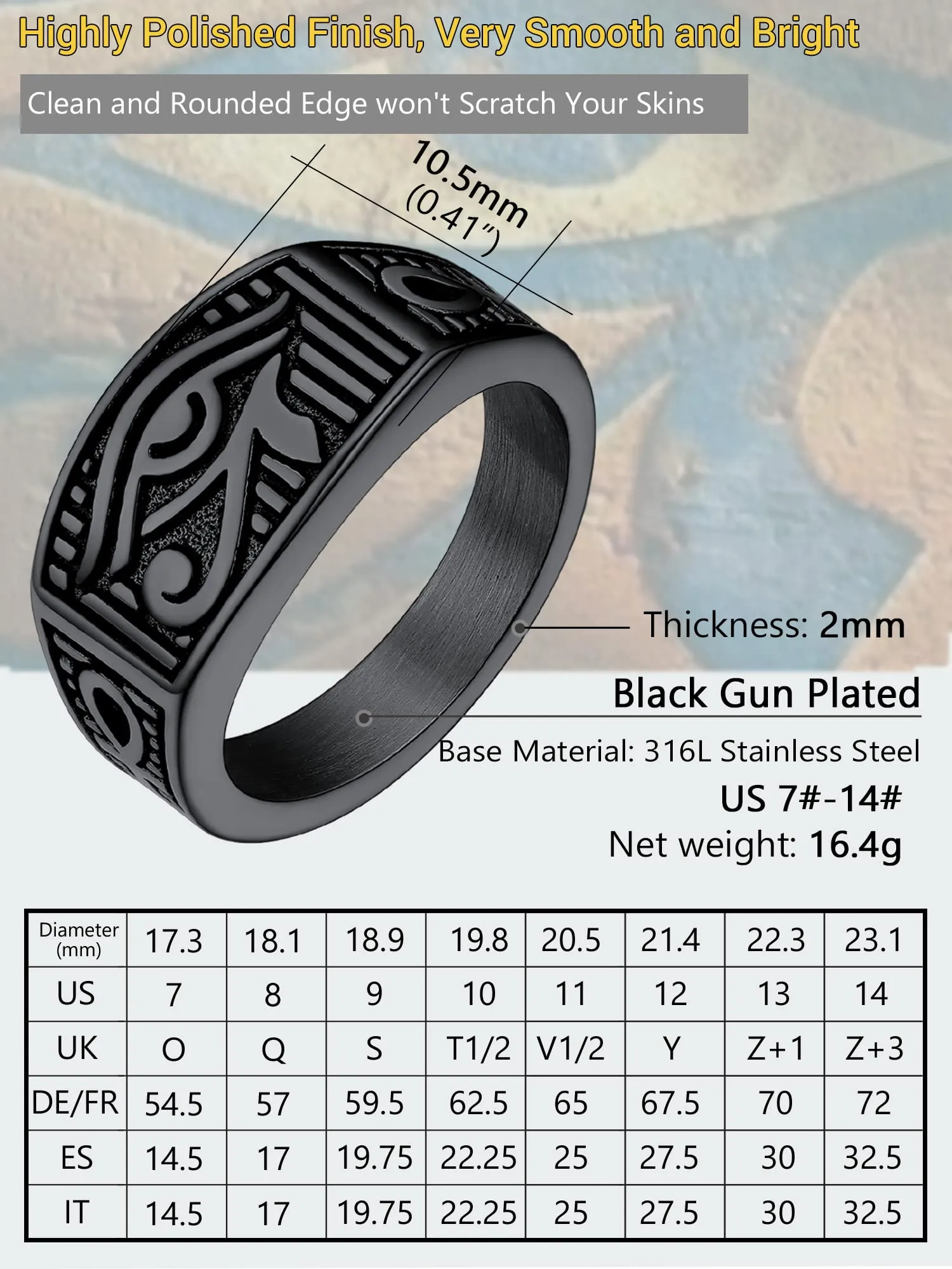 PROSTEEL Anello da uomo Personalizzabile con occhio di Ra Horus, anello con croce Ankh, gioielli egiziani, in acciaio inossidabile/placcato oro/nero, Taglia 14.5/17/19.75/22.25/25/27.5/30/32.5 - immagine 6