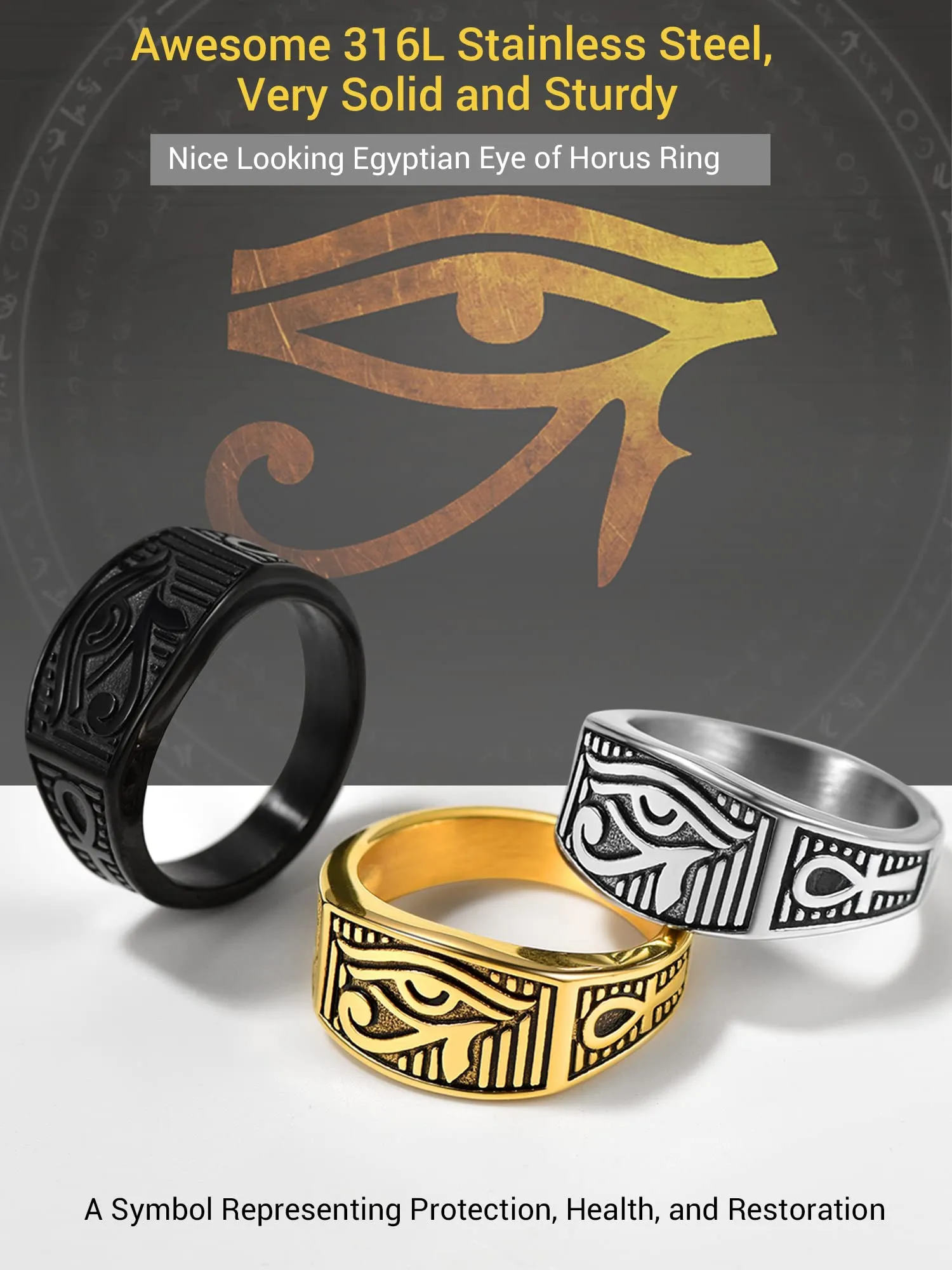 PROSTEEL Anello da uomo Personalizzabile con occhio di Ra Horus, anello con croce Ankh, gioielli egiziani, in acciaio inossidabile/placcato oro/nero, Taglia 14.5/17/19.75/22.25/25/27.5/30/32.5 - immagine 7