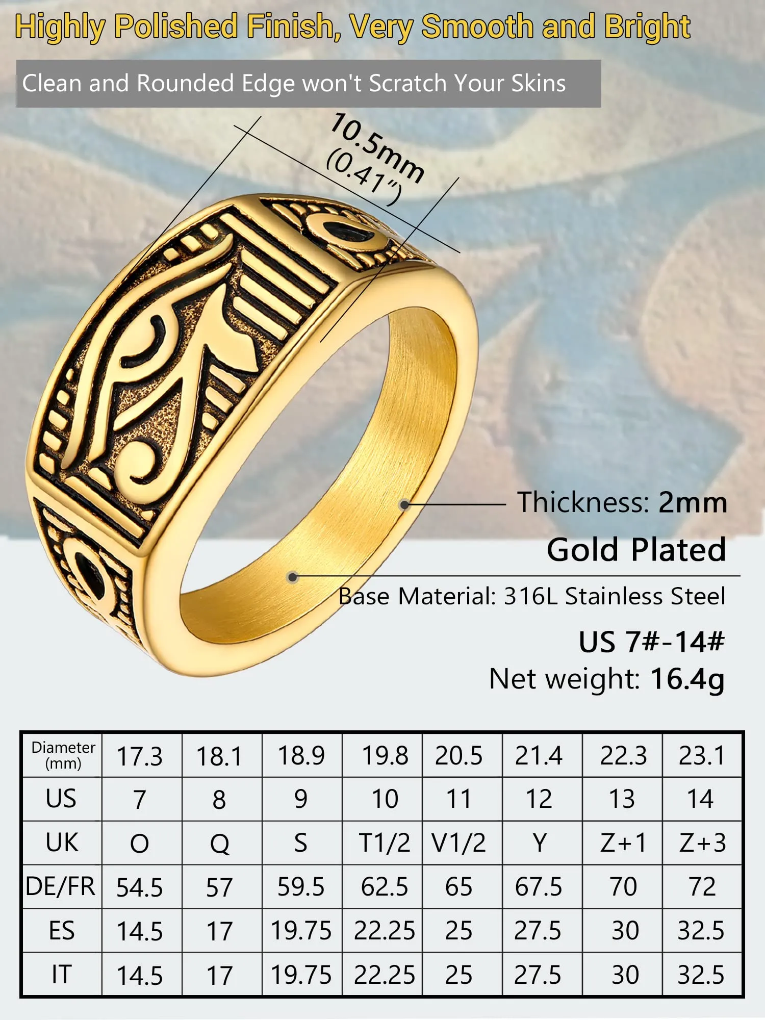 PROSTEEL Anello da uomo Personalizzabile con occhio di Ra Horus, anello con croce Ankh, gioielli egiziani, in acciaio inossidabile/placcato oro/nero, Taglia 14.5/17/19.75/22.25/25/27.5/30/32.5 - immagine 6