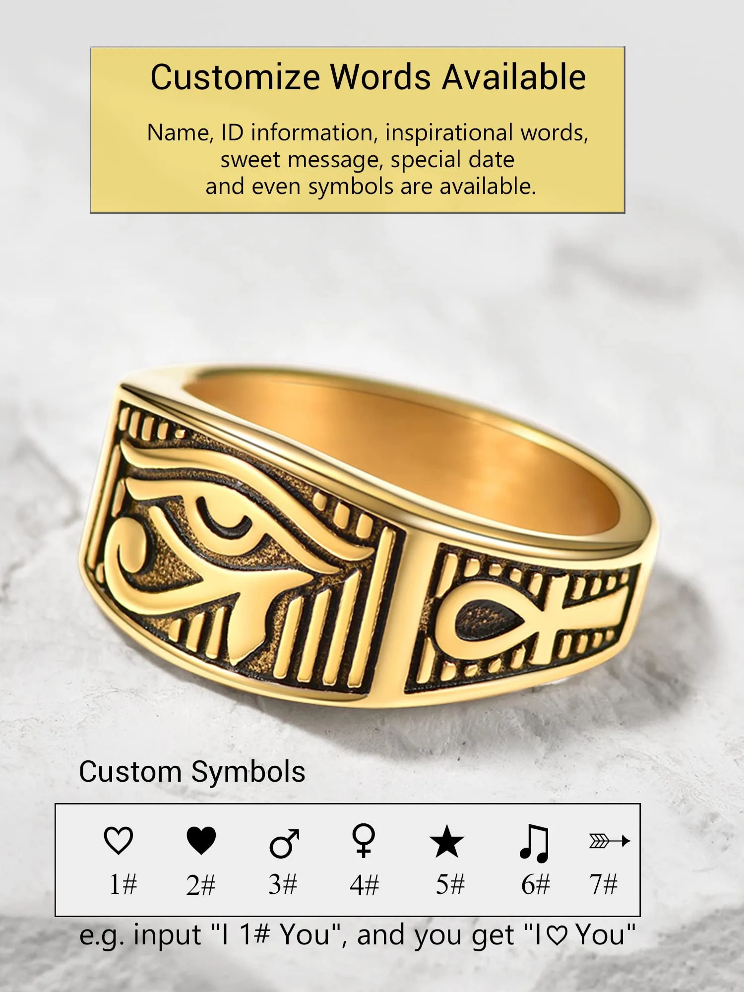 PROSTEEL Anello da uomo Personalizzabile con occhio di Ra Horus, anello con croce Ankh, gioielli egiziani, in acciaio inossidabile/placcato oro/nero, Taglia 14.5/17/19.75/22.25/25/27.5/30/32.5 - immagine 5