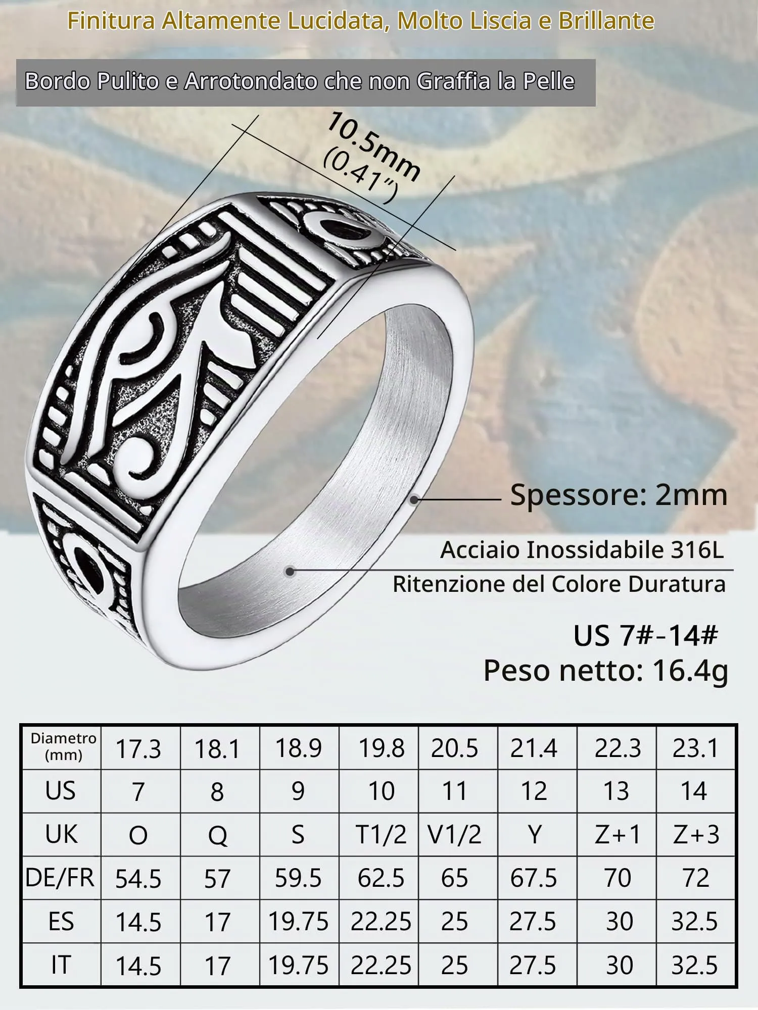 PROSTEEL Anello da uomo Personalizzabile con occhio di Ra Horus, anello con croce Ankh, gioielli egiziani, in acciaio inossidabile/placcato oro/nero, Taglia 14.5/17/19.75/22.25/25/27.5/30/32.5 - immagine 6