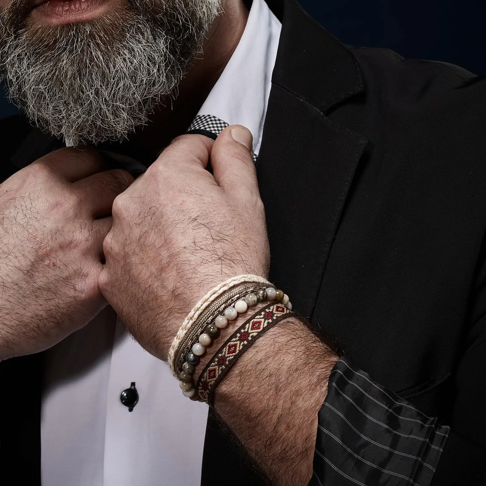 Nato Cuff - Bracciale in Cotone intrecciato 4mm - Fatto a mano in Francia - Gioiello Uomo o Donna regolabile (Blu Bianco Rosso) (Desert) - immagine 2