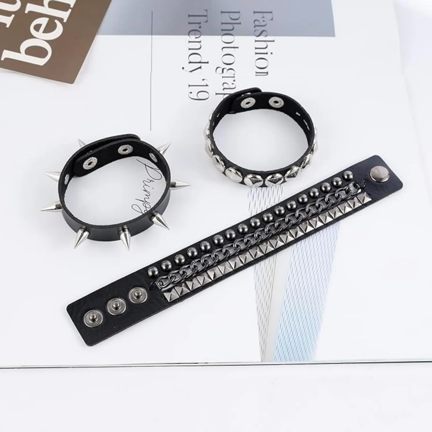 Fenglin-joy Punk Braccialetto in Pelle,3 pezzi Braccialetto regolabile rivetto Bracciale Punk in Pelle con Borchie bracciale borchie per uomini e donne,Pelle sintetica - immagine 3
