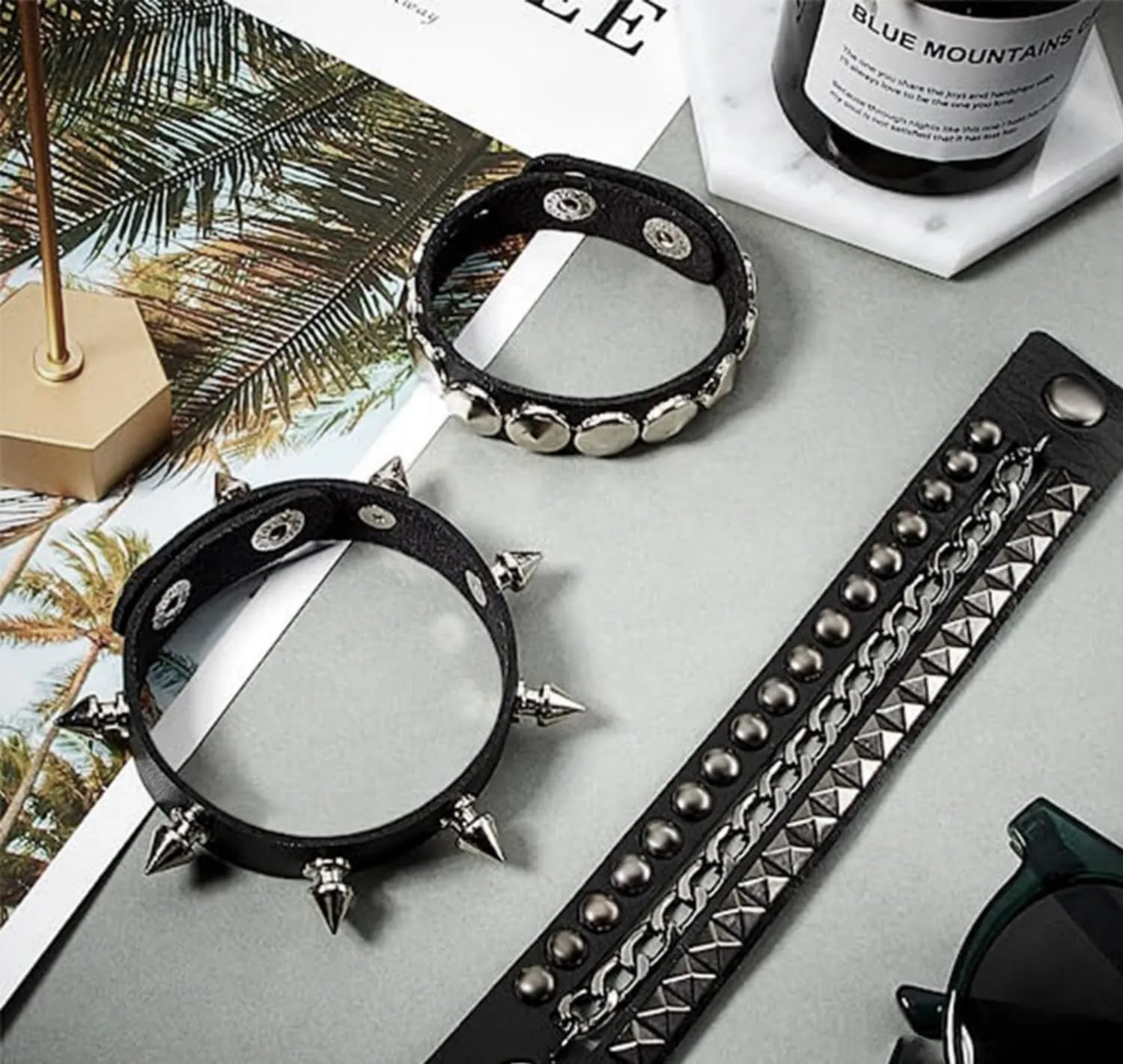 Fenglin-joy Punk Braccialetto in Pelle,3 pezzi Braccialetto regolabile rivetto Bracciale Punk in Pelle con Borchie bracciale borchie per uomini e donne,Pelle sintetica - immagine 6
