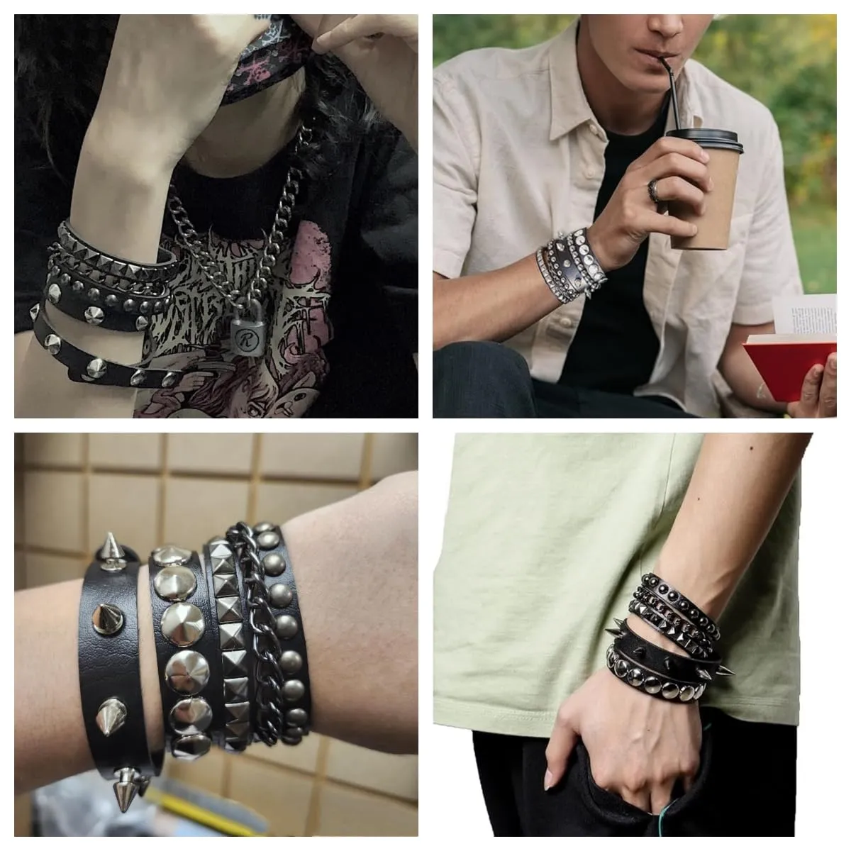 Fenglin-joy Punk Braccialetto in Pelle,3 pezzi Braccialetto regolabile rivetto Bracciale Punk in Pelle con Borchie bracciale borchie per uomini e donne,Pelle sintetica - immagine 7