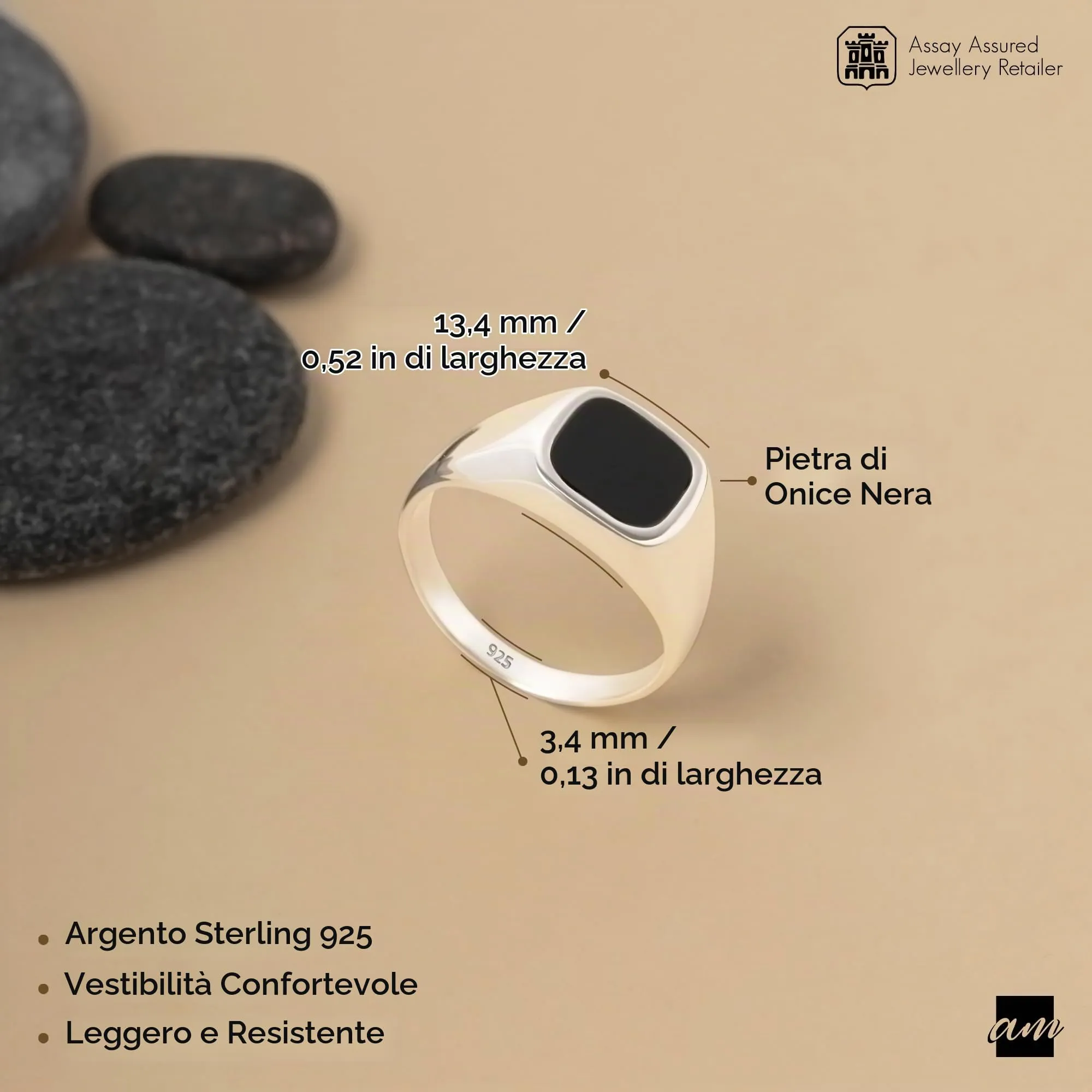 Amberta Anello per Uomo con Onice in Argento Sterling 925 | Anello da Mignolo per Uomo | Anello Uomo Nero | Anello Chevalier Uomo: Anello Uomo Mignolo Misura 18 - immagine 5