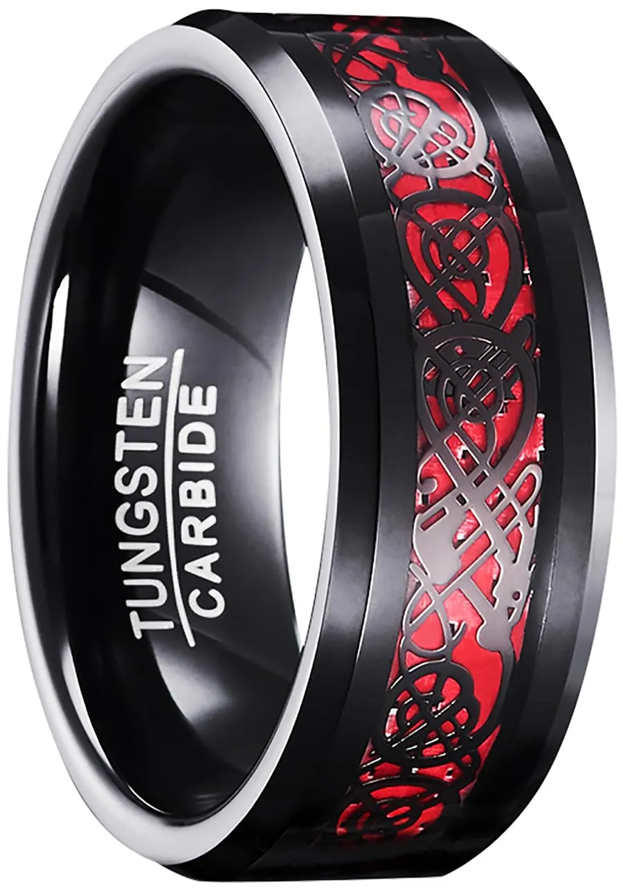 083BASE Anello da uomo in tungsteno con motivo drago, larghezza 8 mm, inserto con zirconi, disponibile in blu, nero e rosso, anello in carburo di tungsteno per uomini, 57(17.9) - immagine 1