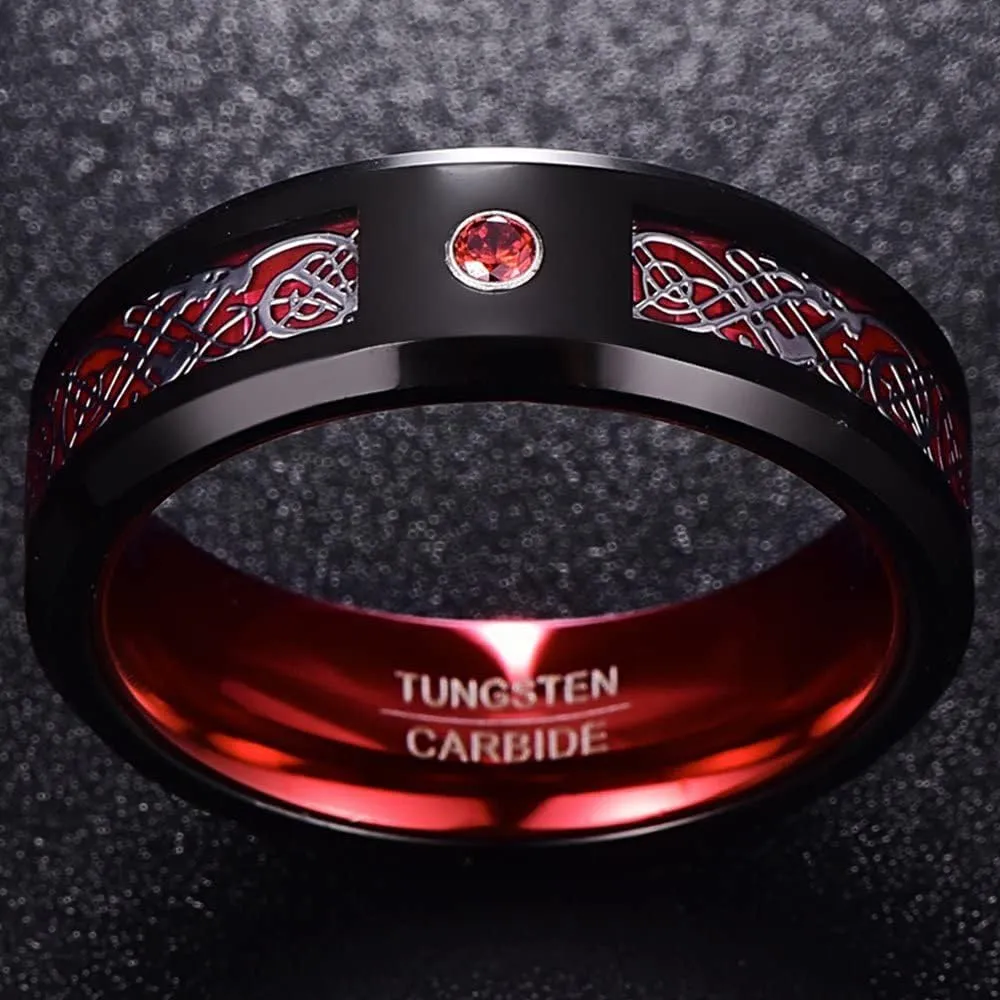 083BASE Anello da Uomo in Tungsteno con Motivo Drago, Larghezza 8mm, Intarsio di Zirconia, Disponibile in Blu, Nero e Rosso - Anello in Carburo di Tungsteno per Uomo, 54(17.5), Carburo di tungsteno - immagine 3