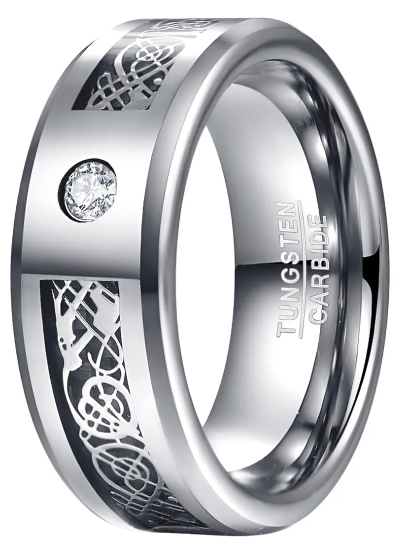 083BASE Anello da uomo in tungsteno con motivo drago, larghezza 8 mm, inserto con zirconi, disponibile in blu, nero e rosso, anello in carburo di tungsteno per uomini, 54(17.5) - immagine 1