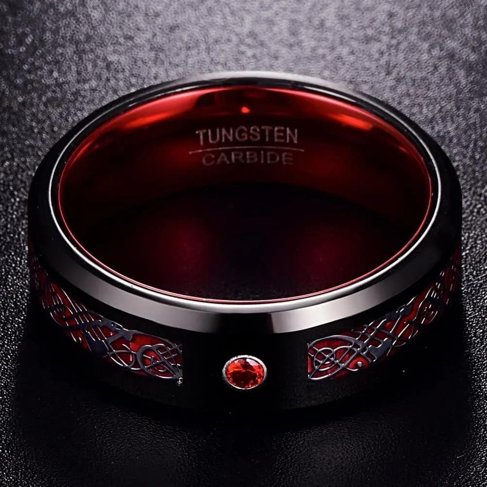 083BASE Anello in carburo di tungsteno da uomo con motivo drago, 8 mm di larghezza, intarsio di zircone, disponibile in blu, nero e rosso, anello in carburo di tungsteno da uomo, 63（20.3） - immagine 4
