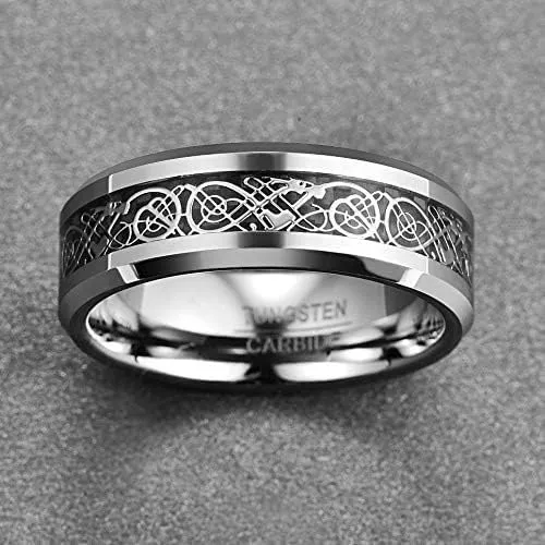 083BASE Anello da uomo in tungsteno con motivo drago, larghezza 8 mm, inserto con zirconi, disponibile in blu, nero e rosso, anello in carburo di tungsteno per uomini, 62（20） - immagine 3