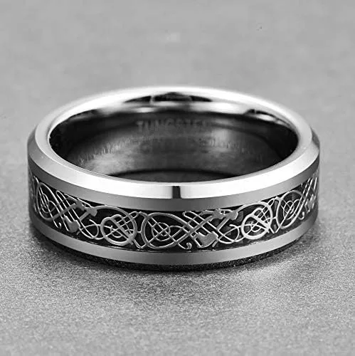 083BASE Anello da uomo in tungsteno con motivo drago, larghezza 8 mm, inserto con zirconi, disponibile in blu, nero e rosso, anello in carburo di tungsteno per uomini, 62（20） - immagine 4