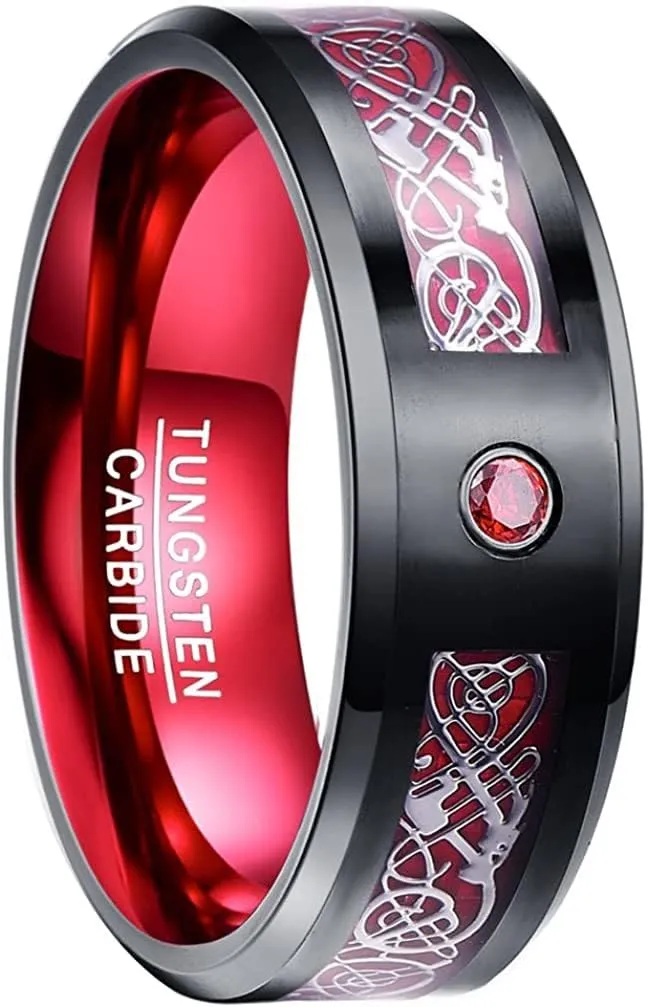 083BASE Anello in Tungsteno da Uomo con Motivo Drako, Larghezza di 8mm, Intarsio in Zirconia, Disponibile in Blu, Nero e Rosso - Anello in Carburo di Tungsteno per Uomini, 53(17), Carburo di tungsteno - immagine 1