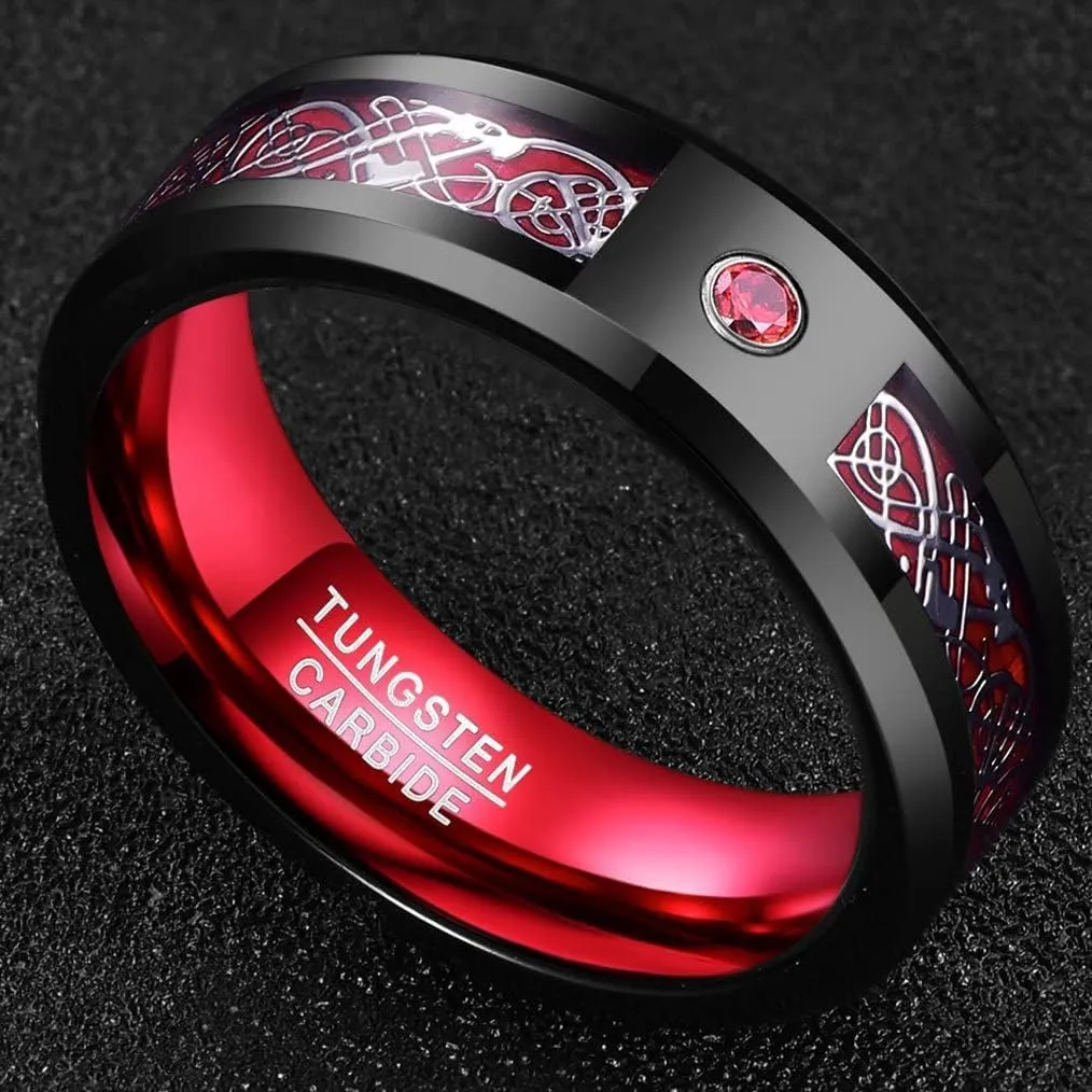 083BASE Anello da uomo in tungsteno con motivo drago, larghezza 8 mm, inserto con zirconi, disponibile in blu, nero e rosso, anello in carburo di tungsteno per uomini, 67（21.8） - immagine 2
