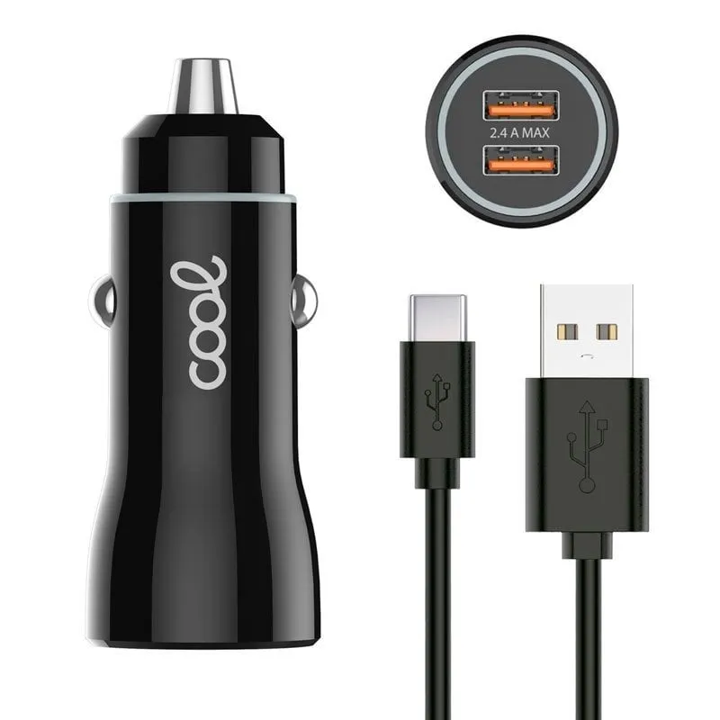 Fantastico caricabatteria da auto 2x USB 2.4A con cavo USB-C Nero - immagine 1