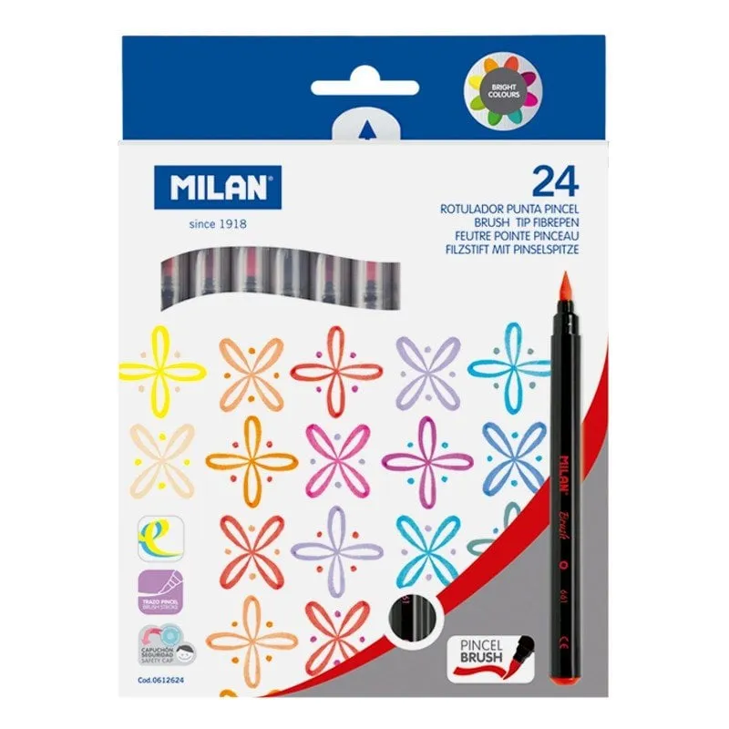 Milan 61264 Scatola da 24 Pennarelli con Punta a Pennello Colori Assortiti - immagine 1