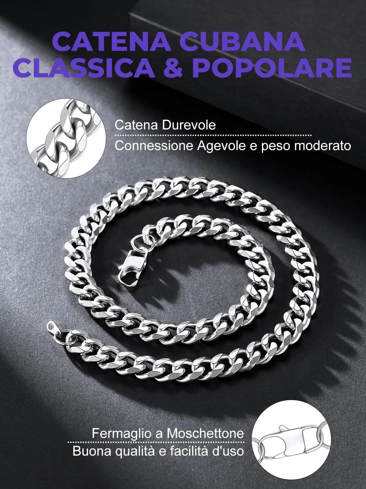 Richsteel Collana a Maglie a Catena Cubana Larghezza 3MM/6MM/9MM/12MM Lunghezza 18"/22"/26"/28"/30" Collana Unisex con Catena di Cordoli per Gioielli Placcata Oro/Nero/Acciaio Inossidabile - immagine 3