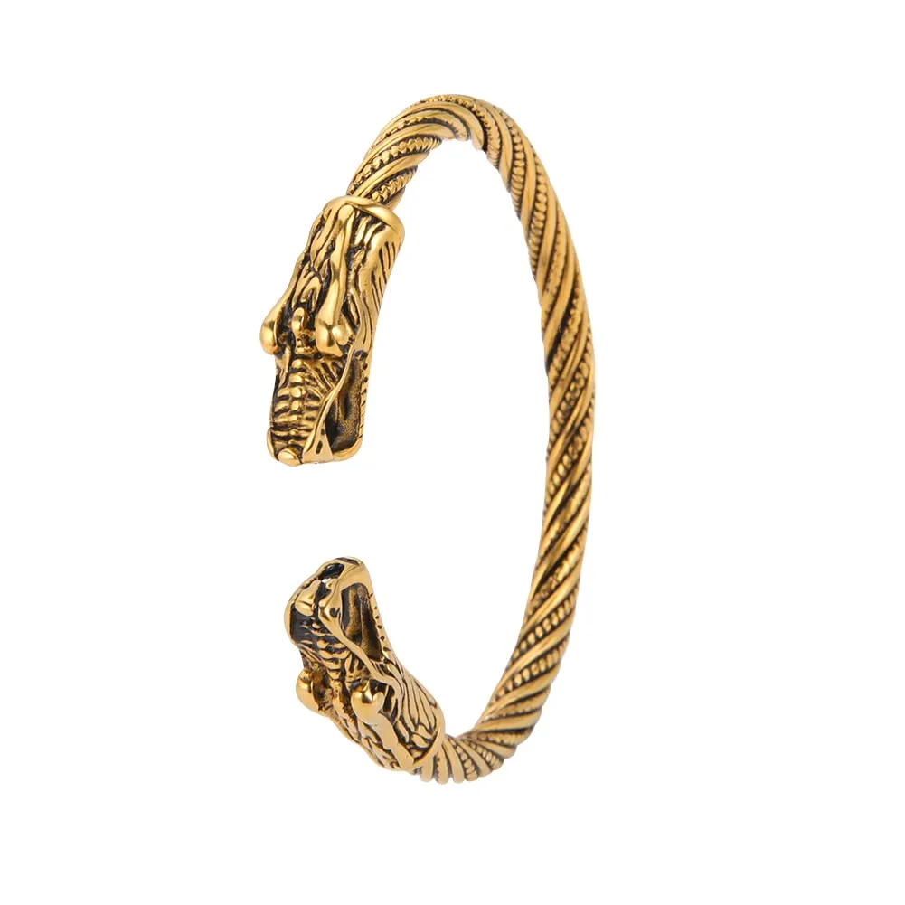Amaxer Vichingo Nordic Fenrir Teste di Lupo Odino Corvo Corvo Drago Bracciale in Acciaio Inossidabile Aperto Bracciale Forte Amuleto Gioielli di Protezione per Uomo Donna (Lupo-Oro) - immagine 1