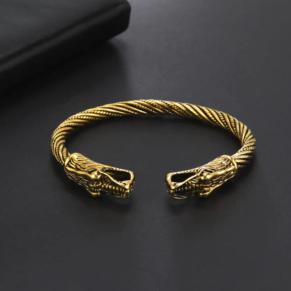 Amaxer Vichingo Nordic Fenrir Teste di Lupo Odino Corvo Corvo Drago Bracciale in Acciaio Inossidabile Aperto Bracciale Forte Amuleto Gioielli di Protezione per Uomo Donna (Lupo-Oro) - immagine 4
