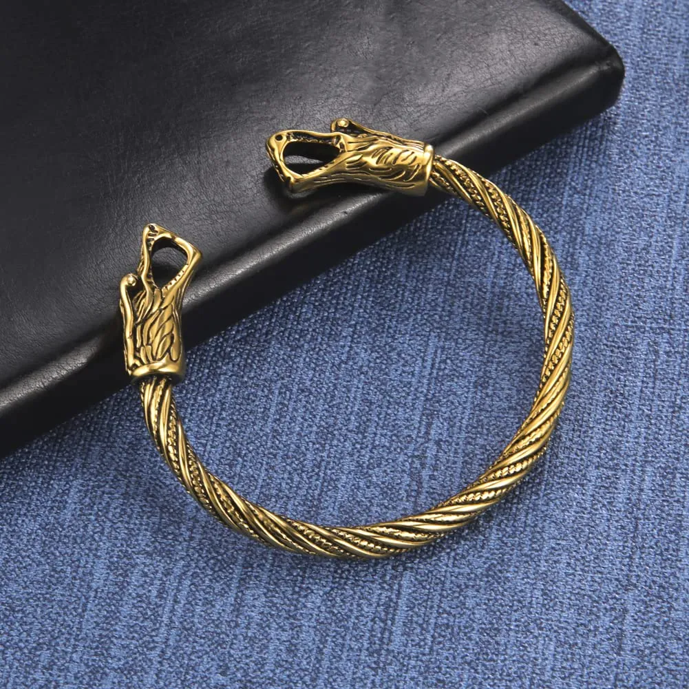 Amaxer Vichingo Nordic Fenrir Teste di Lupo Odino Corvo Corvo Drago Bracciale in Acciaio Inossidabile Aperto Bracciale Forte Amuleto Gioielli di Protezione per Uomo Donna (Lupo-Oro) - immagine 5