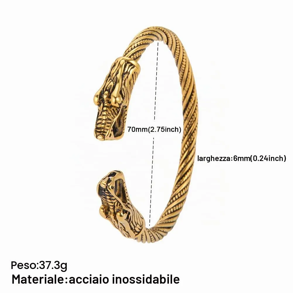 Amaxer Vichingo Nordic Fenrir Teste di Lupo Odino Corvo Corvo Drago Bracciale in Acciaio Inossidabile Aperto Bracciale Forte Amuleto Gioielli di Protezione per Uomo Donna (Lupo-Oro) - immagine 6