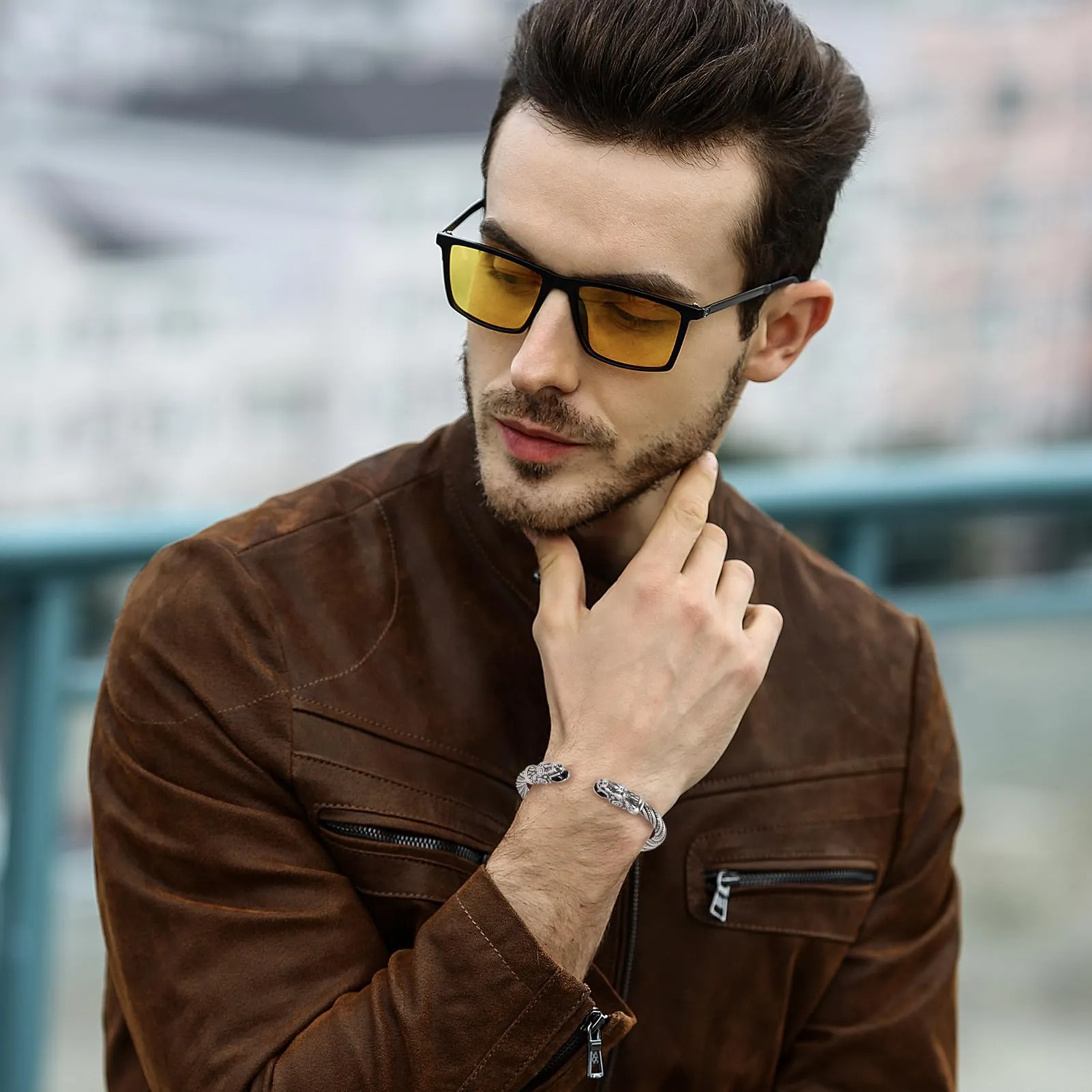 Amaxer Vichingo Nordic Fenrir Teste di Lupo Odino Corvo Corvo Drago Bracciale in Acciaio Inossidabile Aperto Bracciale Forte Amuleto Gioielli di Protezione per Uomo Donna (Drago-Argento) - immagine 2