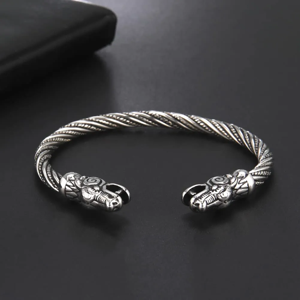 Amaxer Vichingo Nordic Fenrir Teste di Lupo Odino Corvo Corvo Drago Bracciale in Acciaio Inossidabile Aperto Bracciale Forte Amuleto Gioielli di Protezione per Uomo Donna (Drago-Argento) - immagine 4