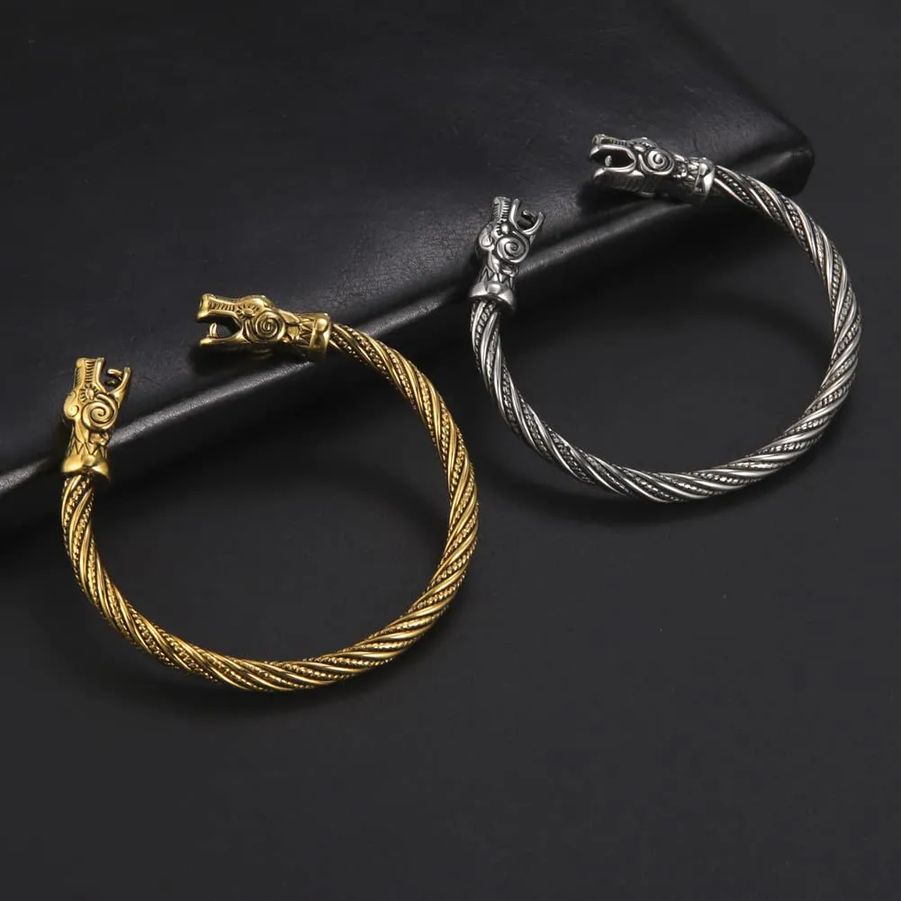 Amaxer Vichingo Nordic Fenrir Teste di Lupo Odino Corvo Corvo Drago Bracciale in Acciaio Inossidabile Aperto Bracciale Forte Amuleto Gioielli di Protezione per Uomo Donna (Drago-Argento) - immagine 5
