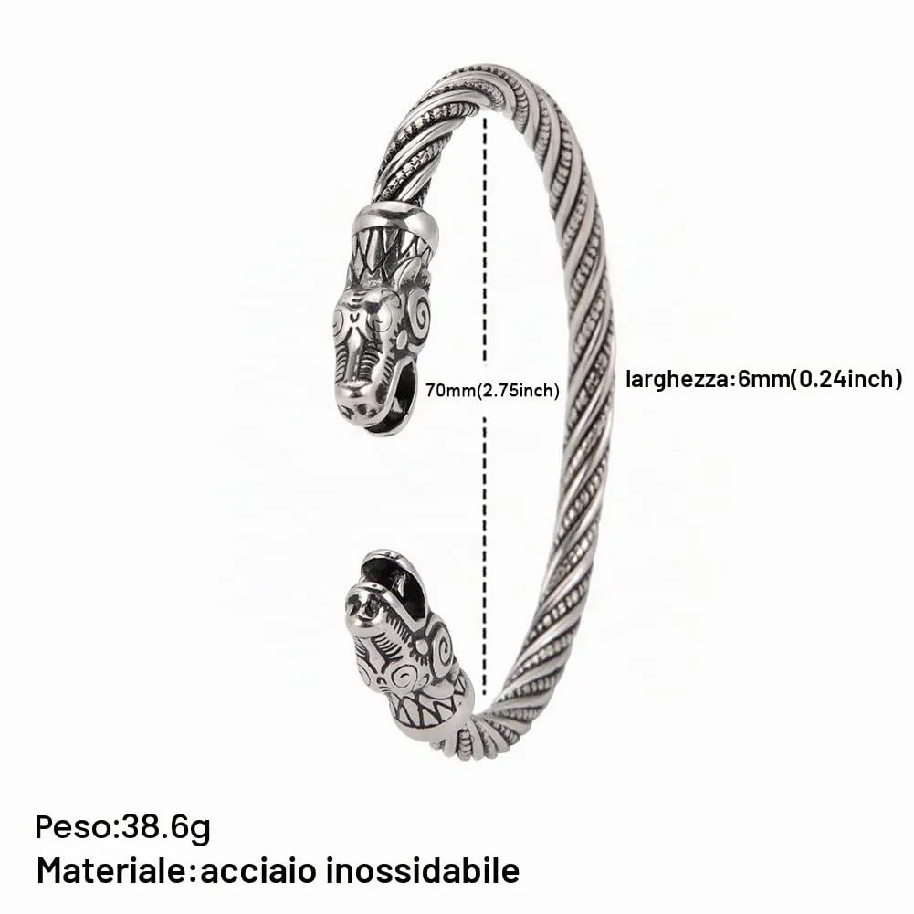 Amaxer Vichingo Nordic Fenrir Teste di Lupo Odino Corvo Corvo Drago Bracciale in Acciaio Inossidabile Aperto Bracciale Forte Amuleto Gioielli di Protezione per Uomo Donna (Drago-Argento) - immagine 6