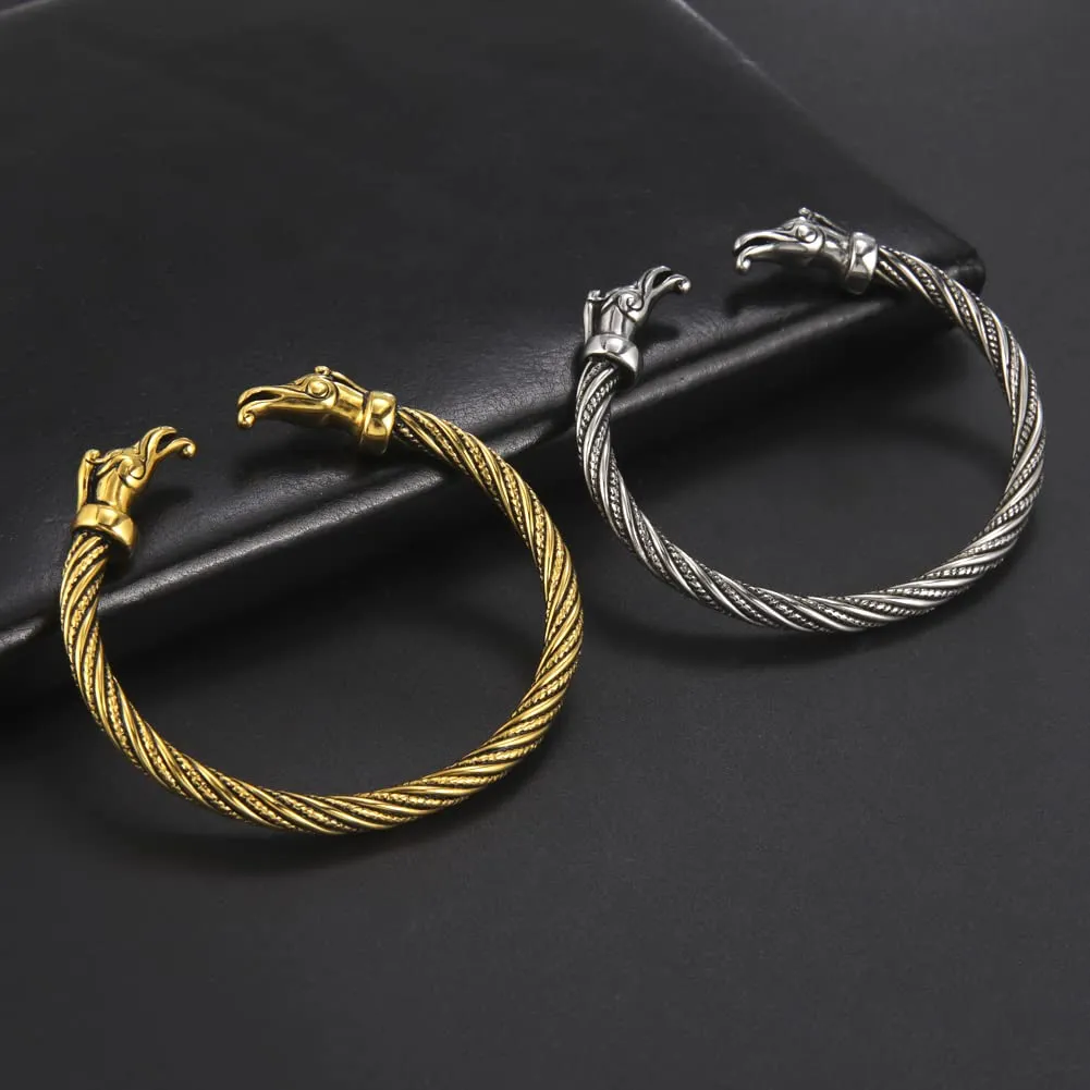 Amaxer Vichingo Nordic Fenrir Teste di Lupo Odino Corvo Corvo Drago Bracciale in Acciaio Inossidabile Aperto Bracciale Forte Amuleto Gioielli di Protezione per Uomo Donna (Corvo-Argento) - immagine 5