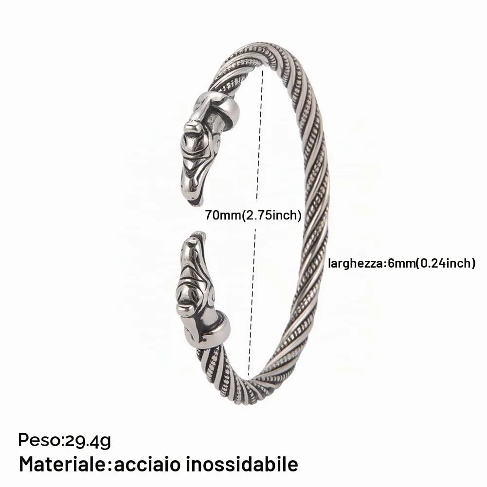 Amaxer Vichingo Nordic Fenrir Teste di Lupo Odino Corvo Corvo Drago Bracciale in Acciaio Inossidabile Aperto Bracciale Forte Amuleto Gioielli di Protezione per Uomo Donna (Corvo-Argento) - immagine 6