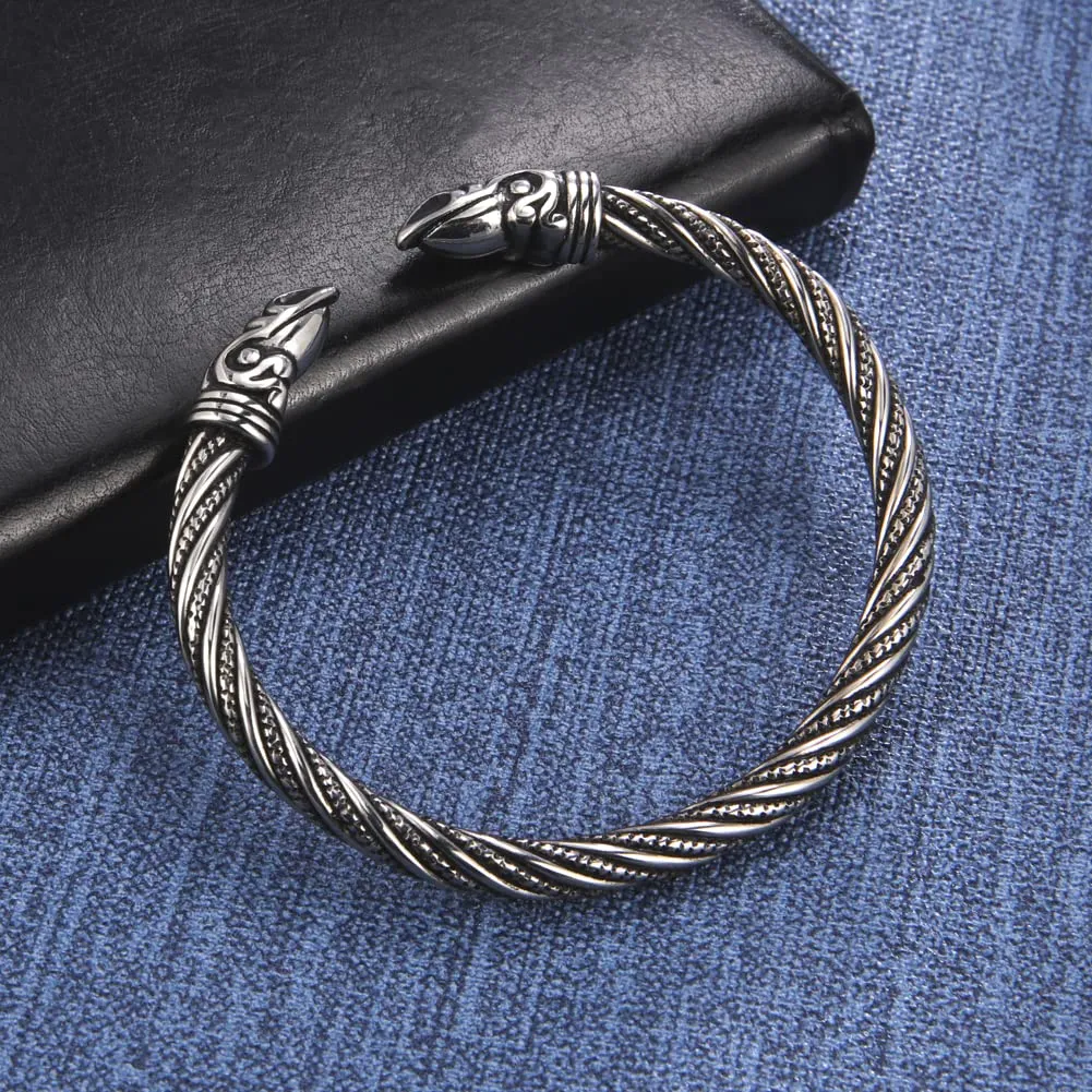 Amaxer Vichingo Nordic Fenrir Teste di Lupo Odino Corvo Corvo Drago Bracciale in Acciaio Inossidabile Aperto Bracciale Forte Amuleto Gioielli di Protezione per Uomo Donna (Raven-Argento) - immagine 4