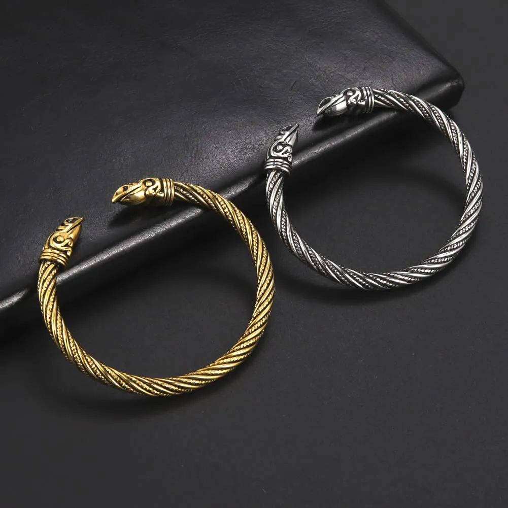 Amaxer Vichingo Nordic Fenrir Teste di Lupo Odino Corvo Corvo Drago Bracciale in Acciaio Inossidabile Aperto Bracciale Forte Amuleto Gioielli di Protezione per Uomo Donna (Raven-Argento) - immagine 6