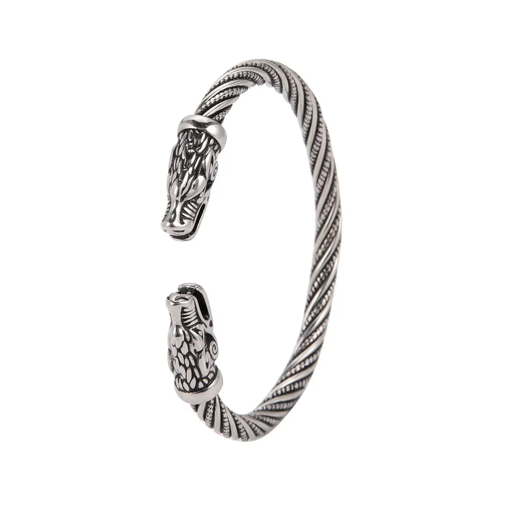 Amaxer Vichingo Nordic Fenrir Teste di Lupo Odino Corvo Corvo Drago Bracciale in Acciaio Inossidabile Aperto Bracciale Forte Amuleto Gioielli di Protezione per Uomo Donna (Fenrir Wolf-Argento) - immagine 1