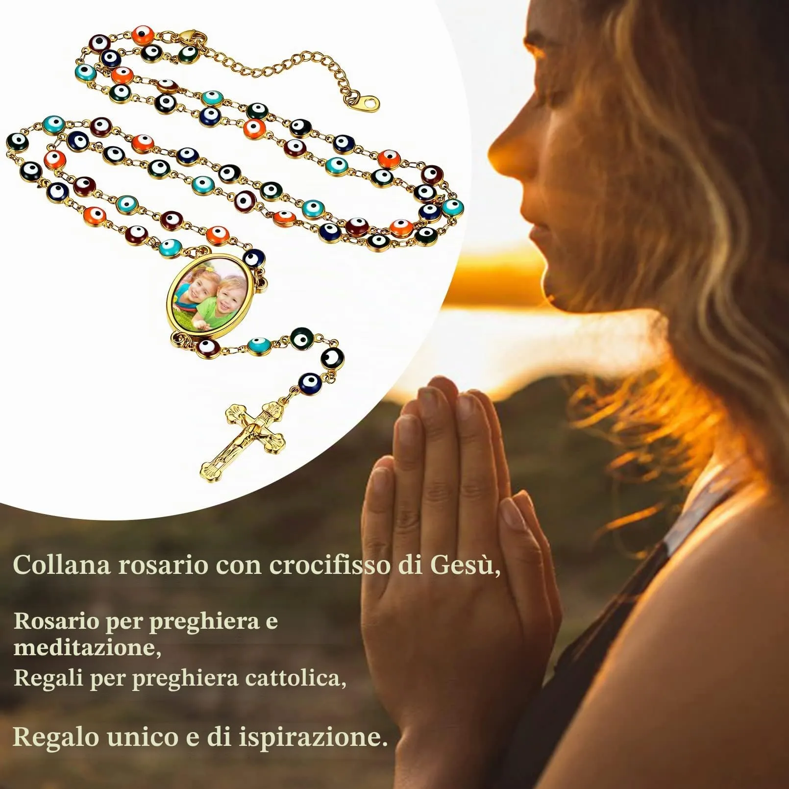 FaithHeart Collana Rosario Medaglia HD Foto Uomo Donna Crocifisso Pregheria Collana Croce Cattolica Personalizzata Catena Colorata con Perline Ciondolo Crocifisso Gioielli Religiosi - immagine 3
