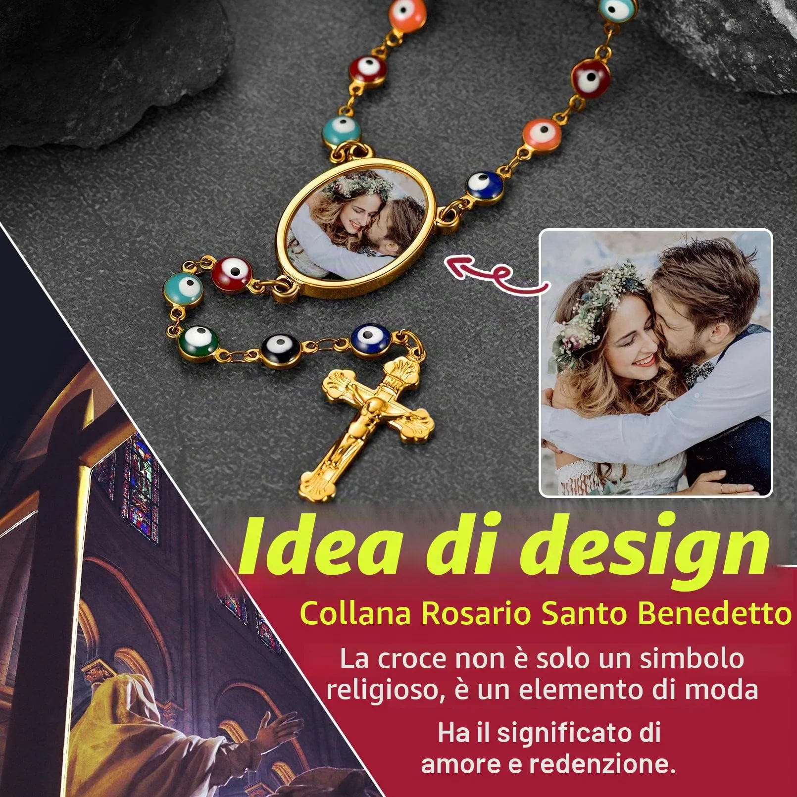 FaithHeart Collana Rosario Medaglia HD Foto Uomo Donna Crocifisso Pregheria Collana Croce Cattolica Personalizzata Catena Colorata con Perline Ciondolo Crocifisso Gioielli Religiosi - immagine 4