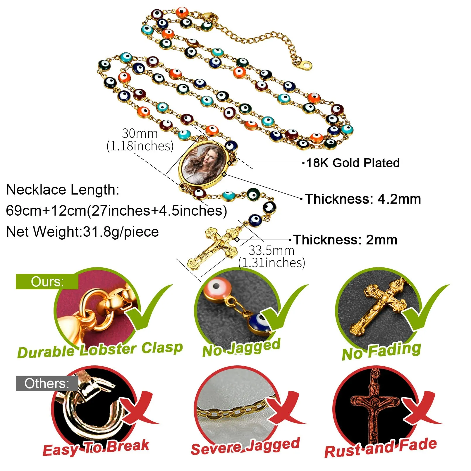 FaithHeart Collana Rosario Medaglia HD Foto Uomo Donna Crocifisso Pregheria Collana Croce Cattolica Personalizzata Catena Colorata con Perline Ciondolo Crocifisso Gioielli Religiosi - immagine 5
