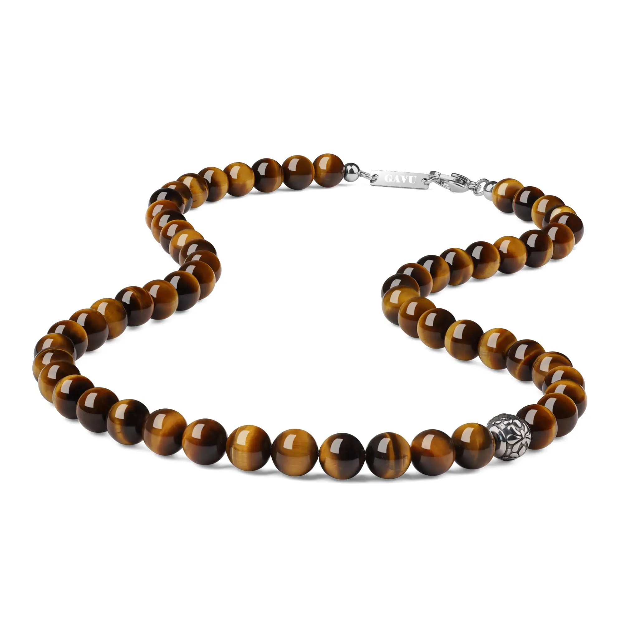 GAVU Collana Pietre Naturali e Cristalli da Uomo con Perline di Occhio di Tigre e Amuleto Fleur de Lis 65cm - immagine 1