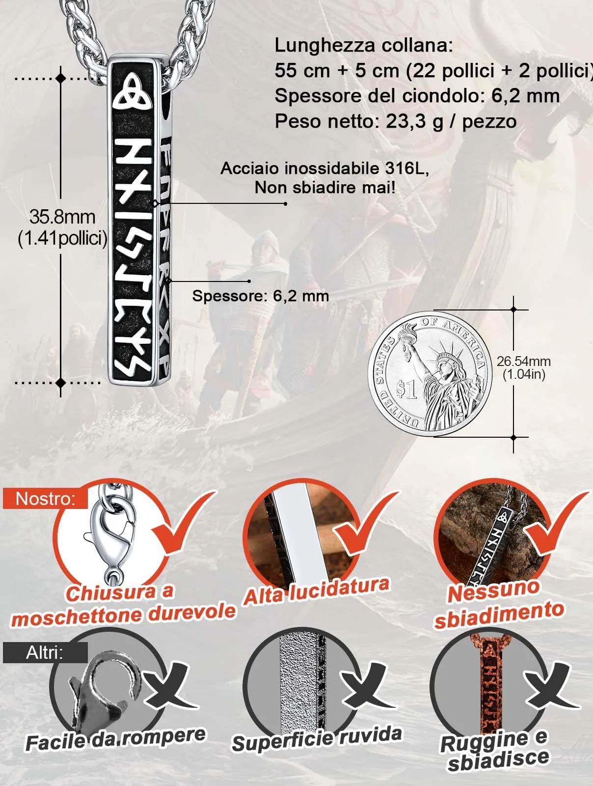 FaithHear Collana Uomo Vichinga Vintage Barra Ciondolo Rune Vichinghe Amuleto del Mito Nordico Collana in Pelle Intrecciata Regalo Compleanno - immagine 2