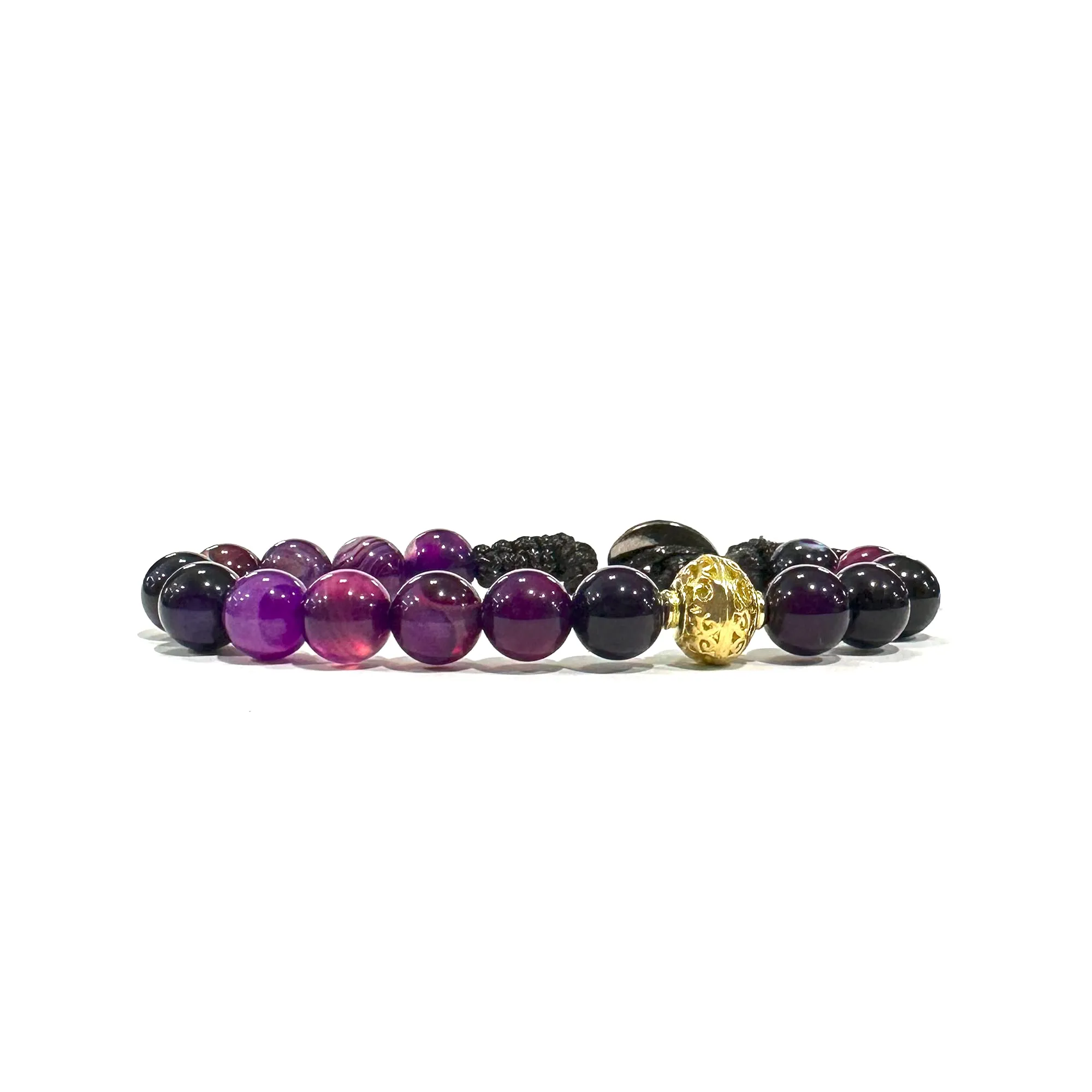 Samsara Bracciale Tibetano con Agata Viola Striata, Cordino in Cotone Cerato Regolabile 18,5–22,5 cm, Charm in Bronzo, Design Ispirato alla Tradizione Buddista, Accessorio Unisex - immagine 1