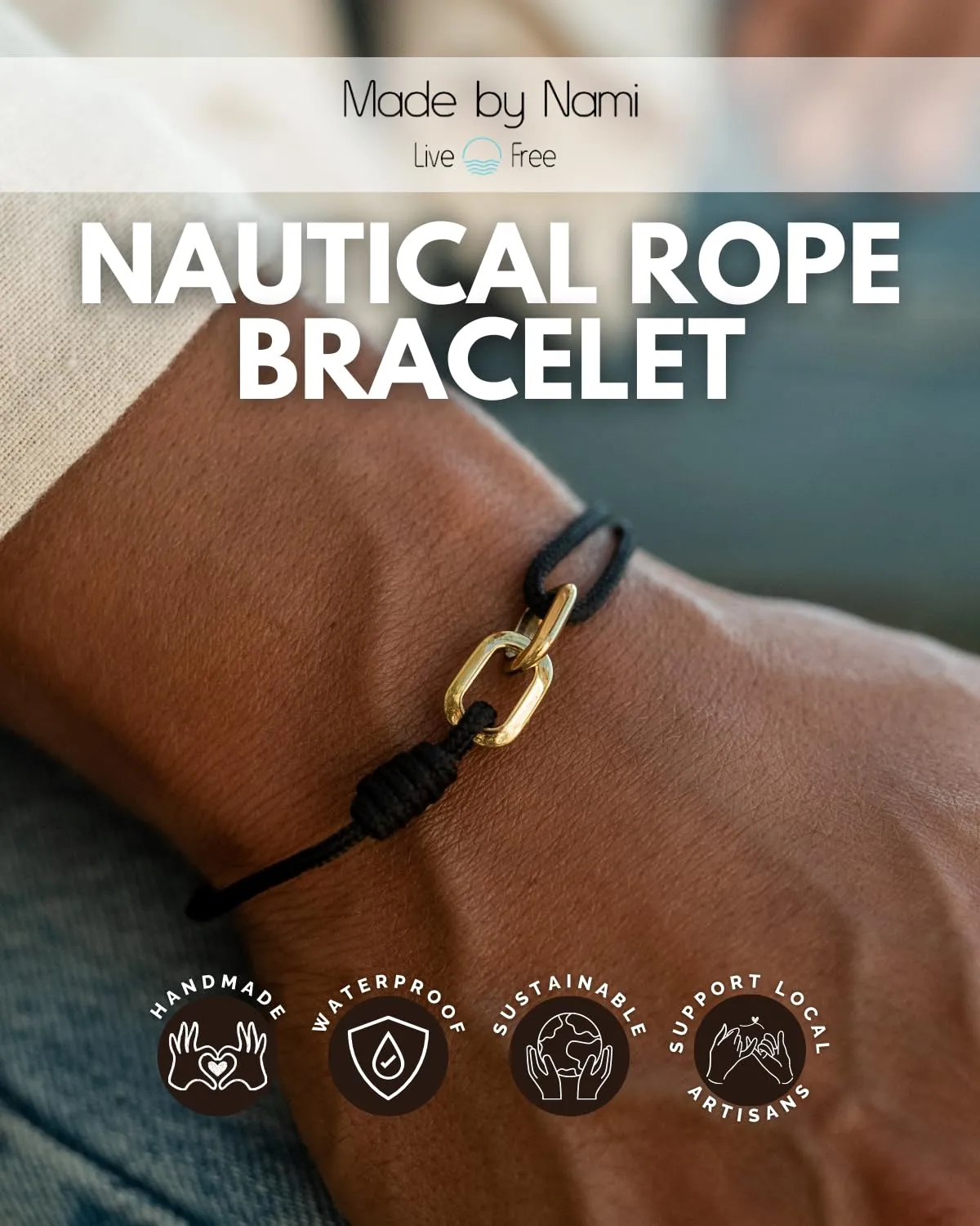 Made by Nami Braccialetto Surf Uomo Donna - Corda Nautica Impermeabile Regolabile con Nodo Scorrevole - immagine 3