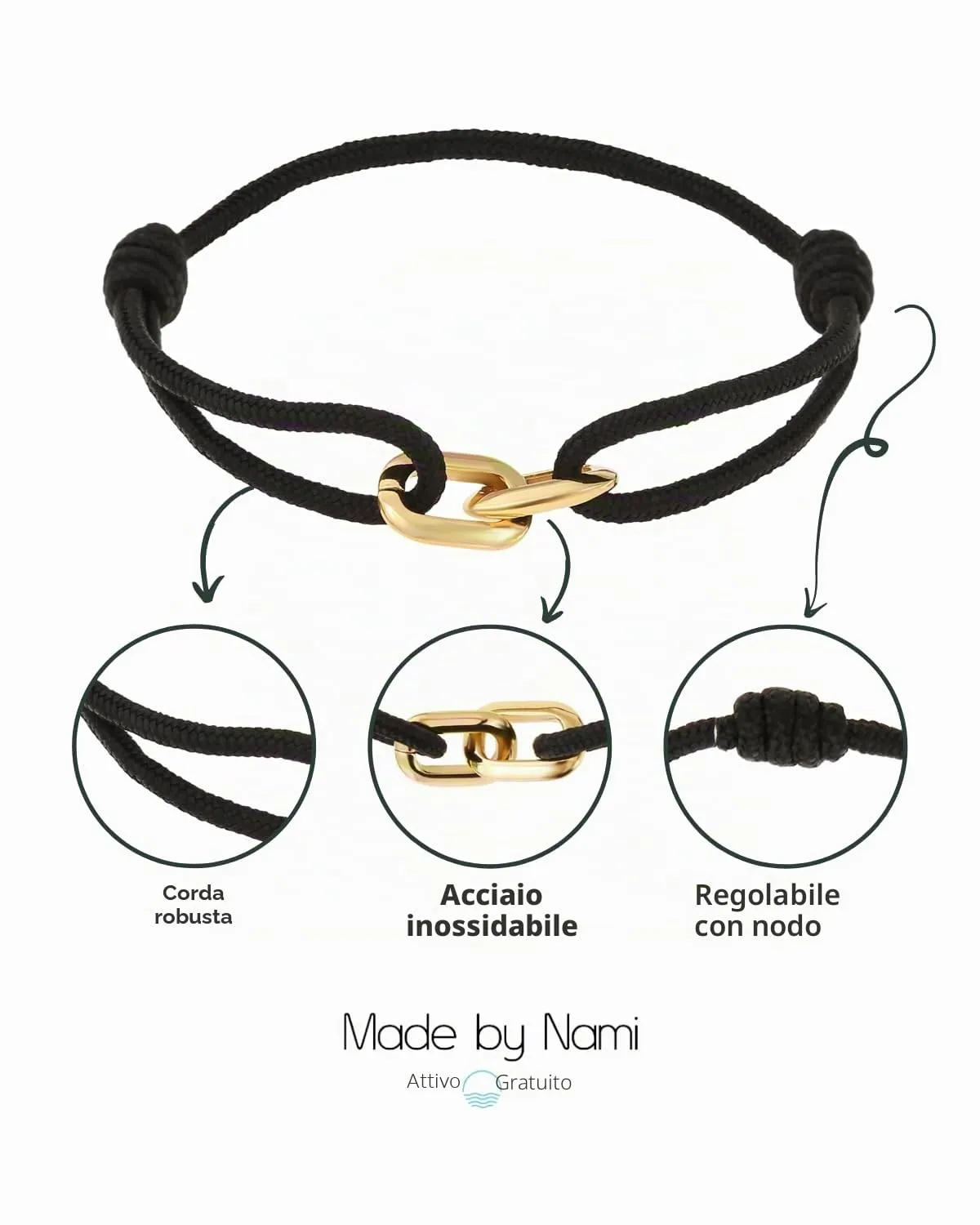Made by Nami Braccialetto Surf Uomo Donna - Corda Nautica Impermeabile Regolabile con Nodo Scorrevole - immagine 4