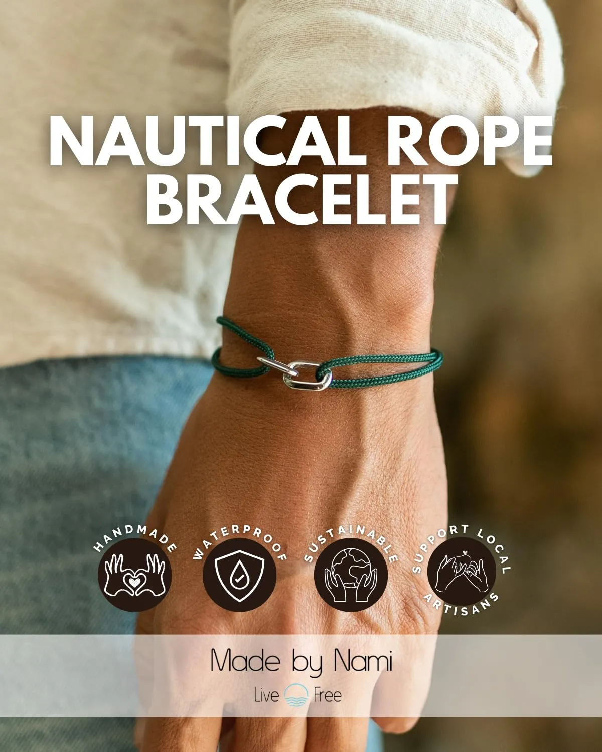 Made by Nami Bracciale Uomo Corda Marina Acciaio Inossidabile Regolabile Nautico Fatto a Mano - immagine 2