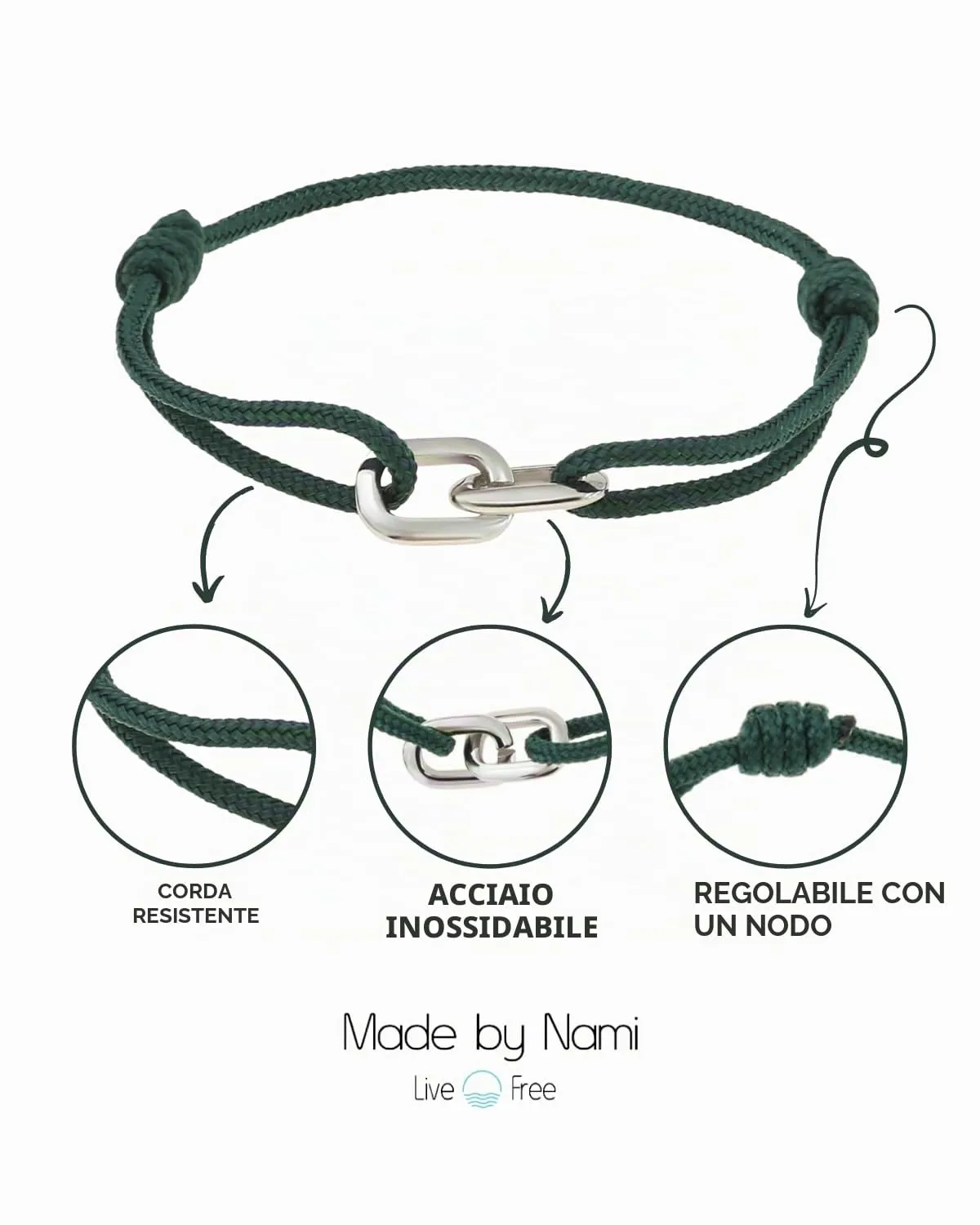Made by Nami Bracciale Uomo Corda Marina Acciaio Inossidabile Regolabile Nautico Fatto a Mano - immagine 5