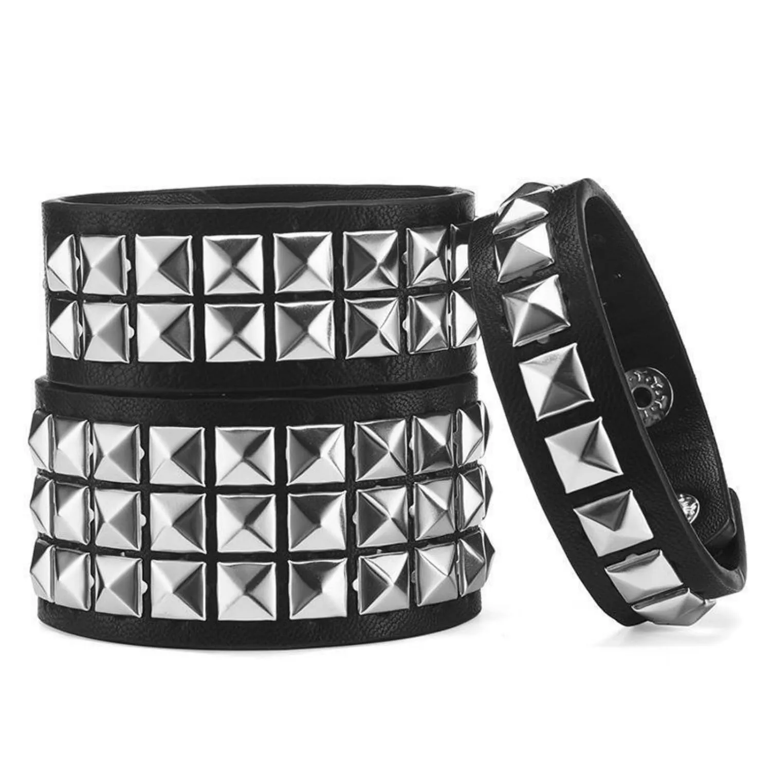 Fenglin-joy Punk Braccialetto in Pelle,3 pezzi Braccialetto regolabile rivetto Bracciale Punk in Pelle con Borchie bracciale borchie per uomini e donne,Pelle sintetica - immagine 3