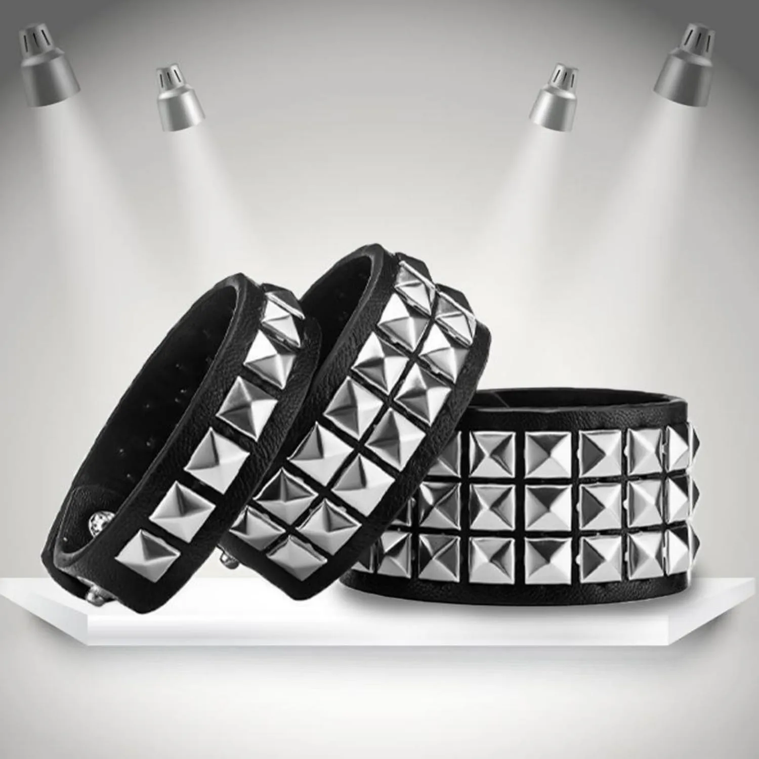 Fenglin-joy Punk Braccialetto in Pelle,3 pezzi Braccialetto regolabile rivetto Bracciale Punk in Pelle con Borchie bracciale borchie per uomini e donne,Pelle sintetica - immagine 5