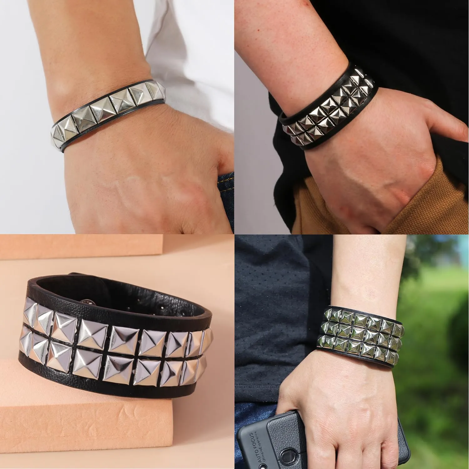 Fenglin-joy Punk Braccialetto in Pelle,3 pezzi Braccialetto regolabile rivetto Bracciale Punk in Pelle con Borchie bracciale borchie per uomini e donne,Pelle sintetica - immagine 6