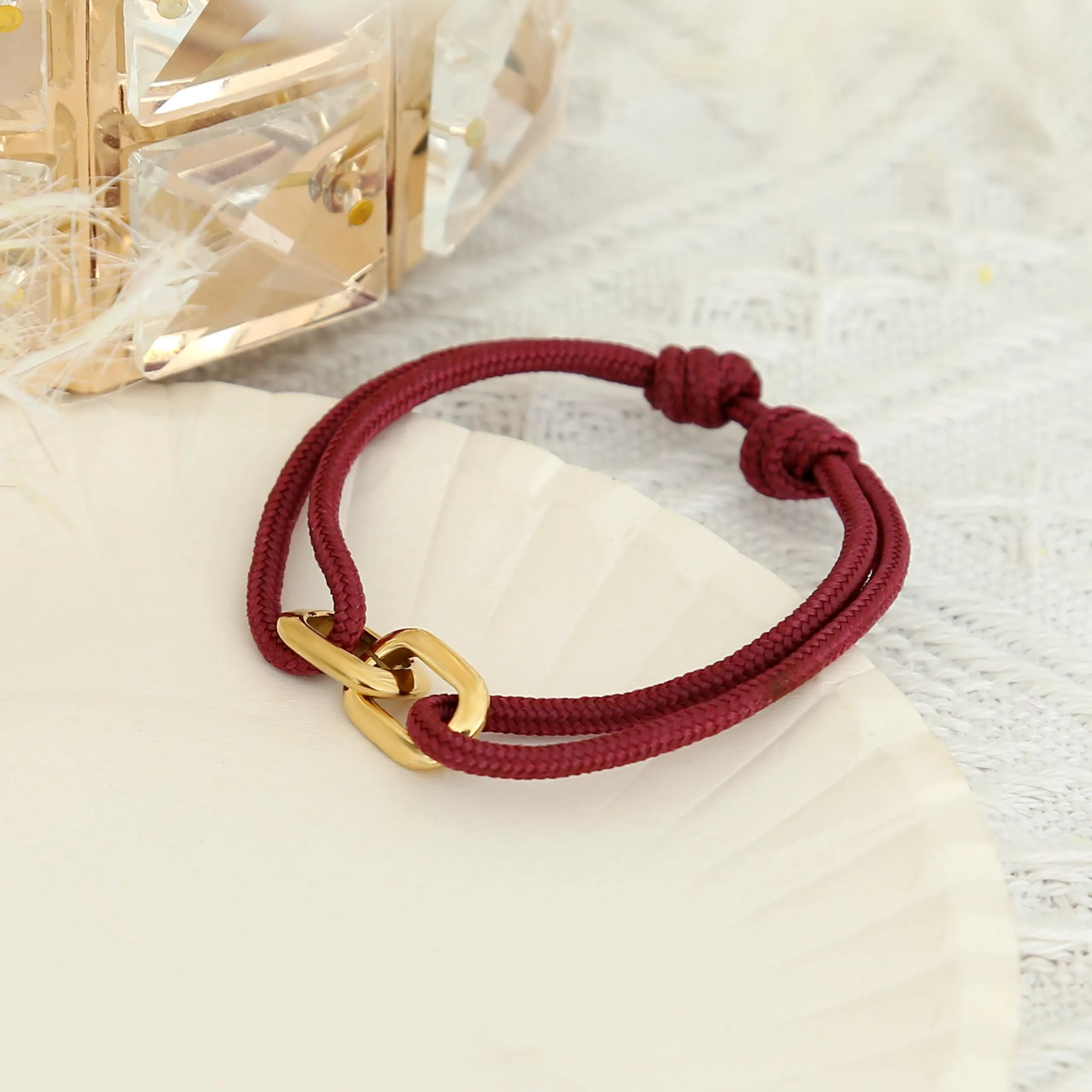 Made by Nami Bracciale Corda Uomo Donna Waterproof - Braccialetto Surfer Regolabile Ciondolo Acciaio Inossidabile - Coppia Sport Acquatici Spiaggia Rosso Oro - immagine 5