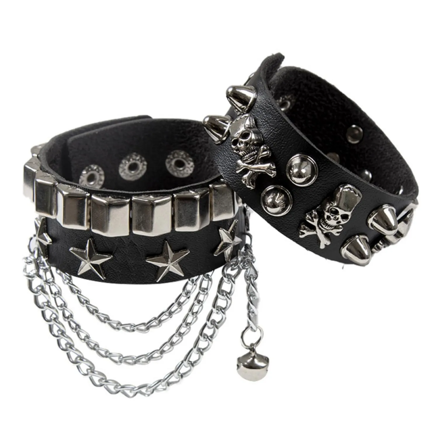 Fenglin-joy Punk Bracciale, 2Pcs Braccialetti Borchie Punk in Pelle PU Catena Nera Regolabili per Uomini e Donne - immagine 1