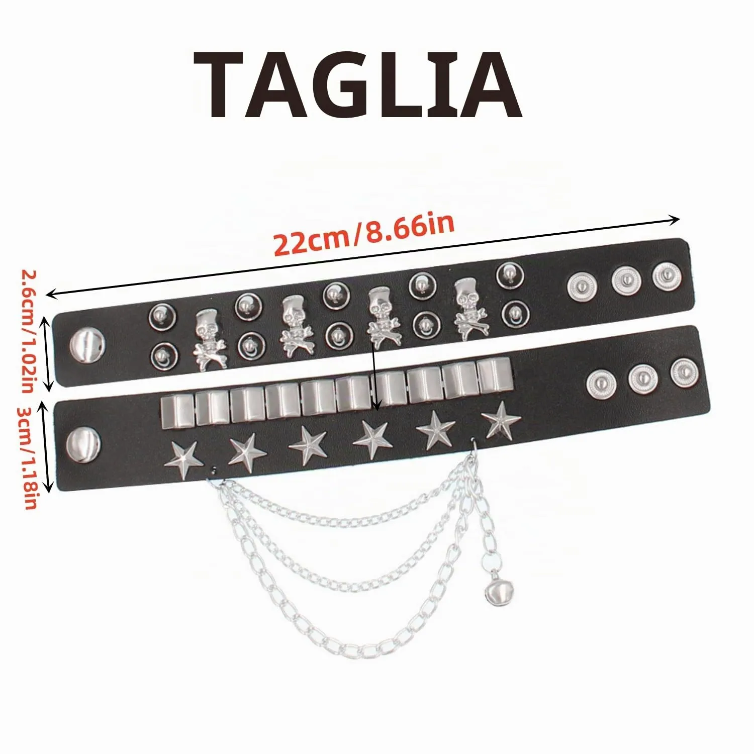 Fenglin-joy Punk Bracciale, 2Pcs Braccialetti Borchie Punk in Pelle PU Catena Nera Regolabili per Uomini e Donne - immagine 2